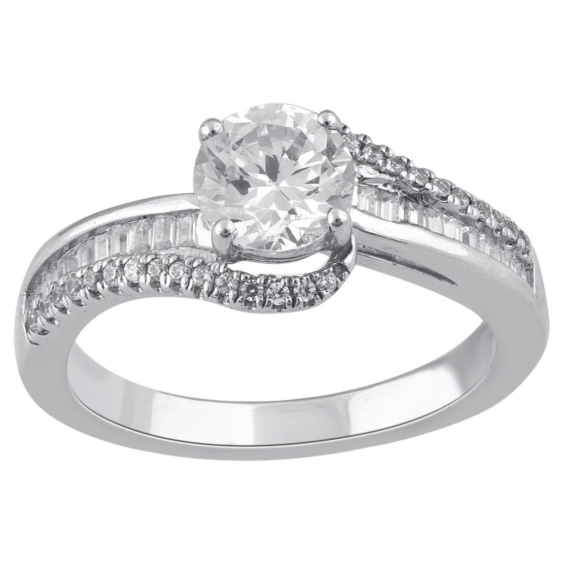  Bague de fiançailles en or 14 carats avec diamants ronds et baguettes de 1,33 carat TJD en vente