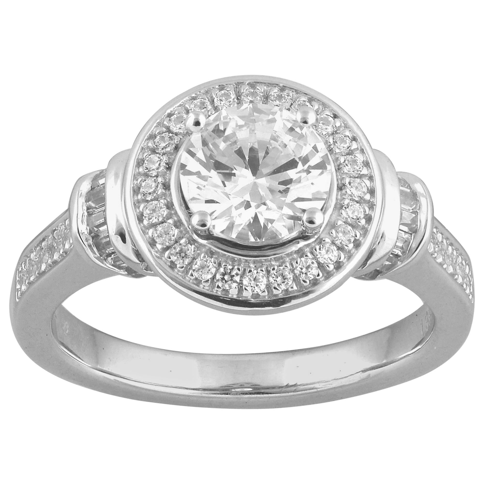TJD 1.33 Carat Round and Baguette Diamond 18 KT White Gold Halo Engagement Ring For Sale