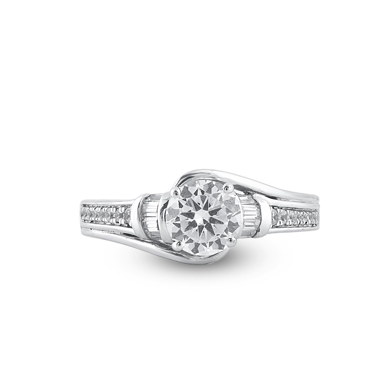 A modern makeover for a classic accessory, this diamond studded band glitters with 27 round diamonds in prong, pave and channel setting. This diamond band is crafted in 14 karat white gold. Diamonds are graded H-I color, I2 clarity. This ring has