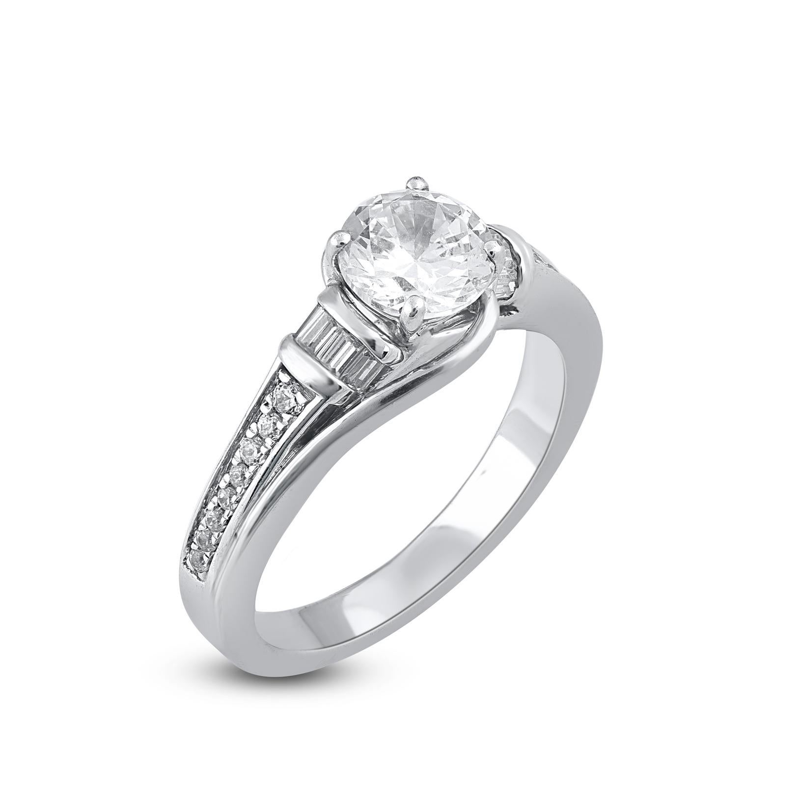 Contemporary TJD 1.33 Carat Round Cut and Baguette Cut Diamond White Gold Engagement Ring For Sale