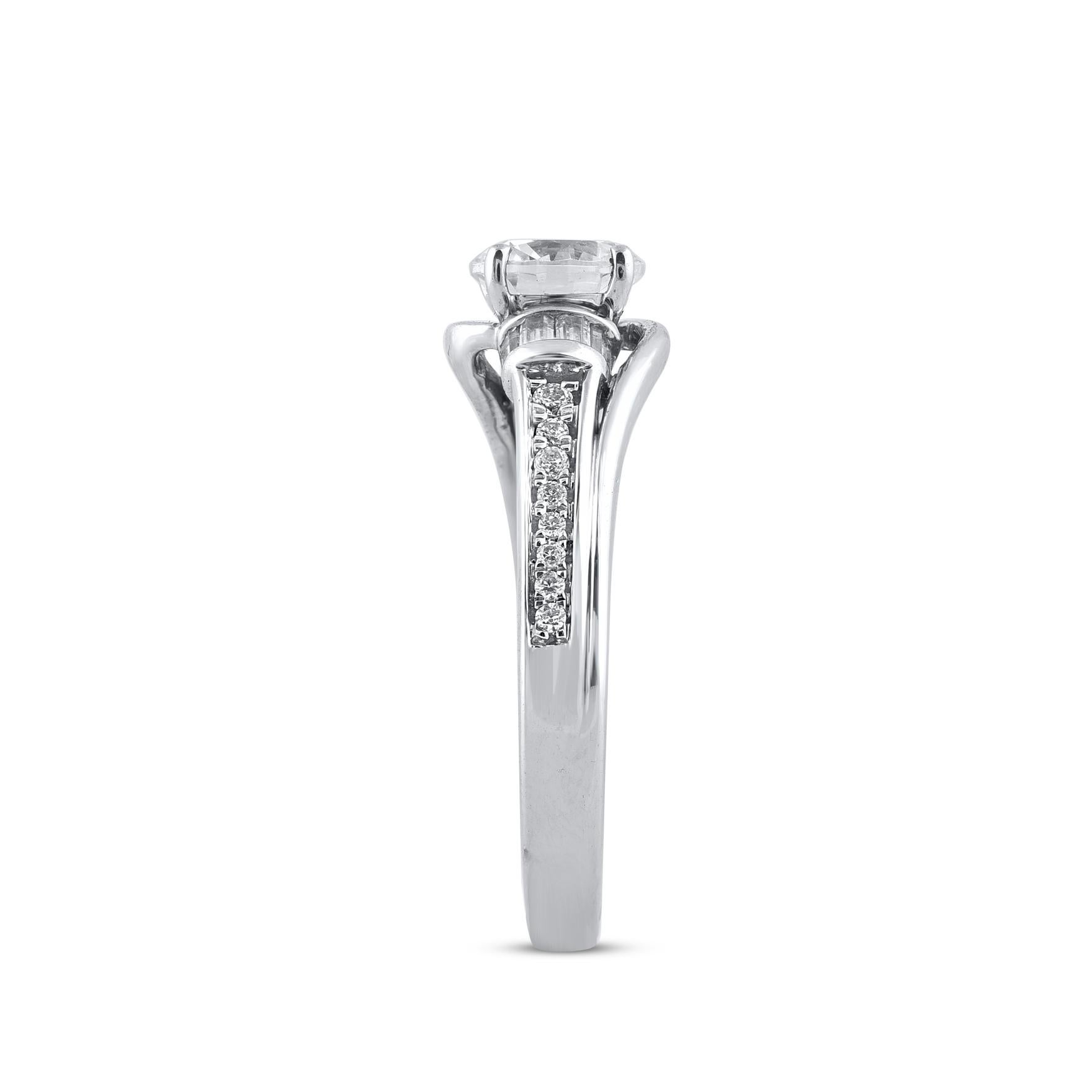 Mixed Cut TJD 1.33 Carat Round Cut and Baguette Cut Diamond White Gold Engagement Ring For Sale