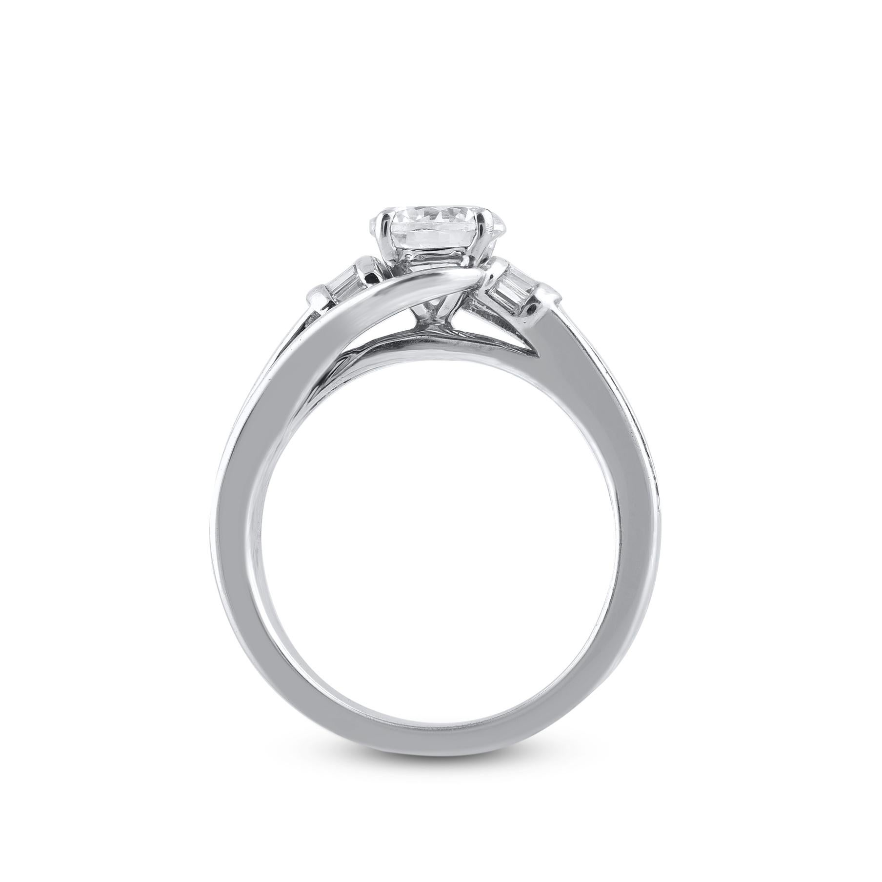 TJD 1.33 Carat Round Cut and Baguette Cut Diamond White Gold Engagement Ring In New Condition For Sale In New York, NY