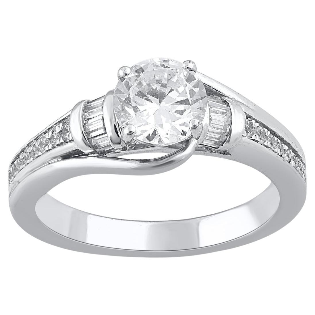 TJD 1.33 Carat Round Cut and Baguette Cut Diamond White Gold Engagement Ring For Sale