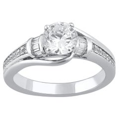 TJD 1.33 Carat Round Cut and Baguette Cut Diamond White Gold Engagement Ring