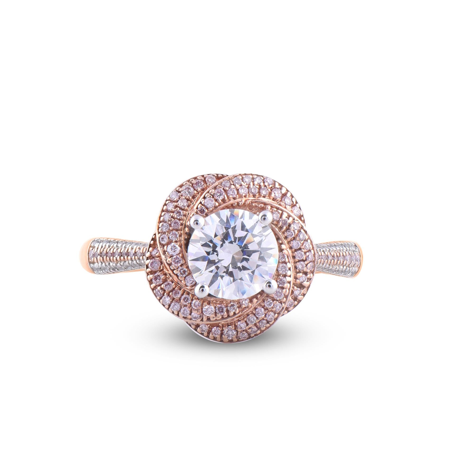 Round Cut TJD 1.33 Ct Nat Pink Rosé/White Diamond 18K Yellow and Rose Gold Engagement Ring For Sale
