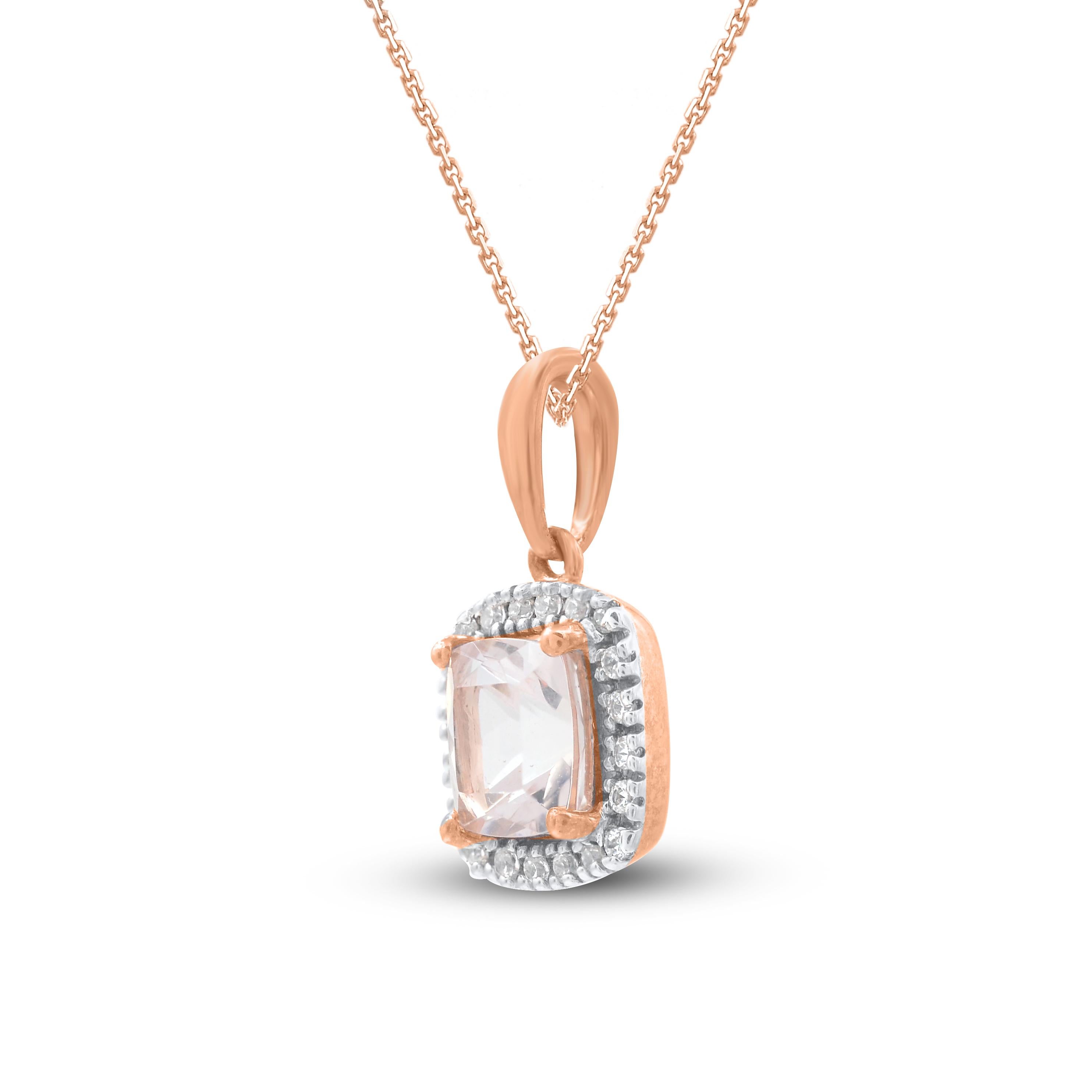 This beautiful halo pendant necklace is studded with 20 single cut natural diamonds and 1 cushion shape morganite in prong setting. The total diamond weight of these diamond pendant is 1.35 carats. All the diamonds are H-I color, I-2 clarity. This