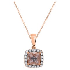 TJD 1.35 Carat Morganite 
Diamond 14KT Gold Cushion Frame Halo Pendant Necklace