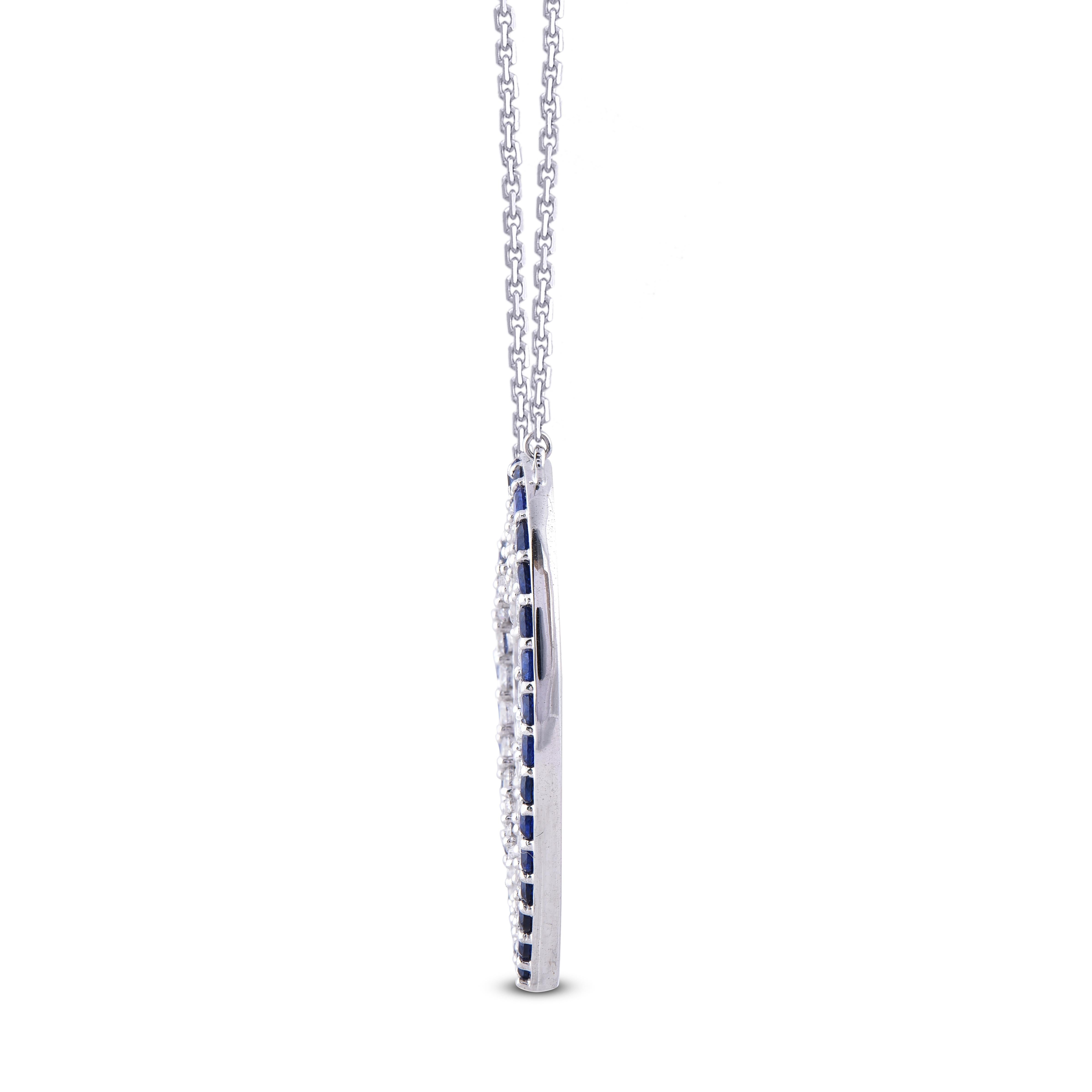 Round Cut TJD 1.35 Carat Nat Blue Sapphire/Round diamond 14K White Gold Open Heart Pendant For Sale