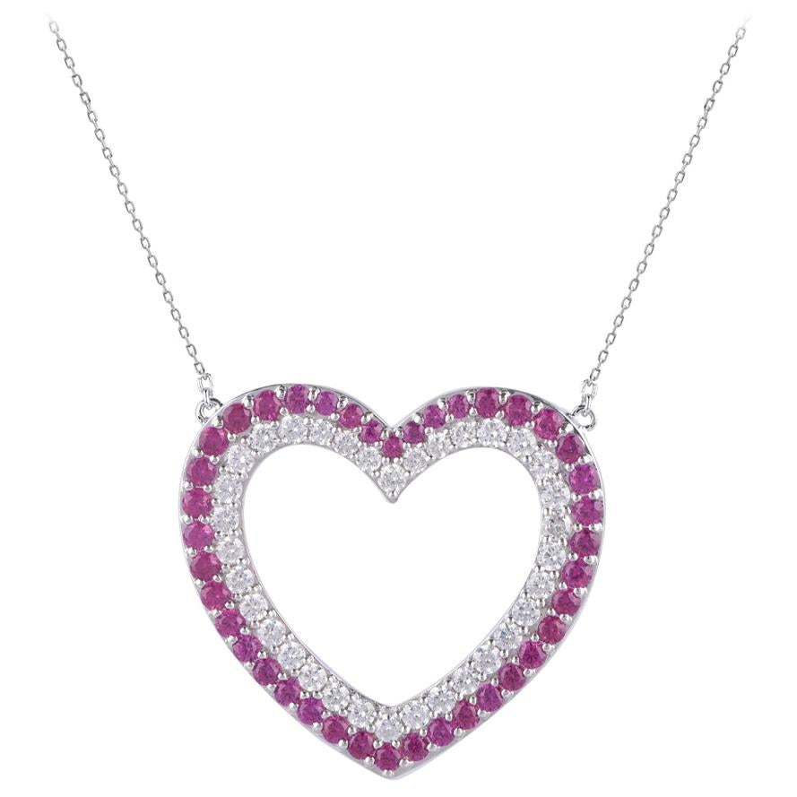 TJD 1.35 Carat Natural Ruby and Round diamond 14K White Gold Open Heart Pendant