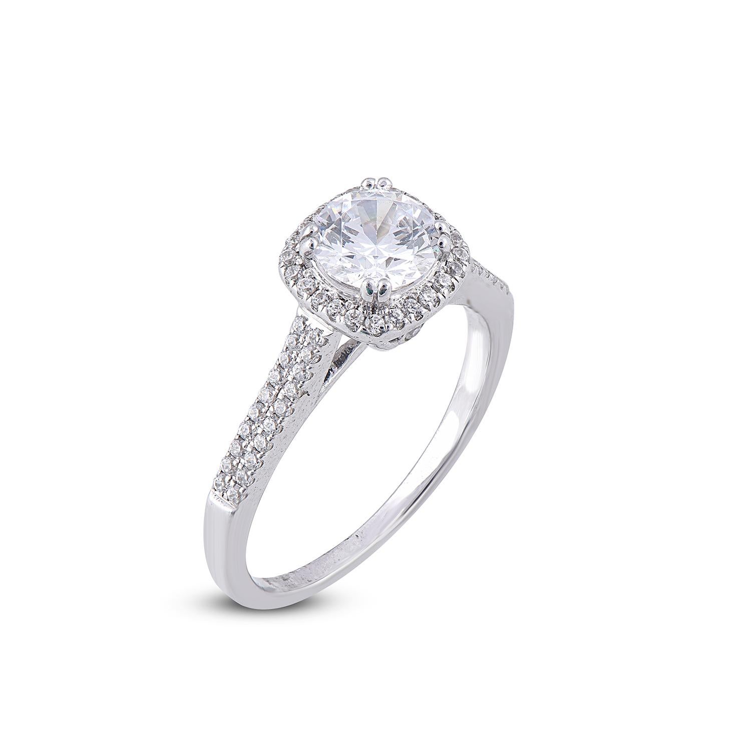 Stunning and classic, this diamond ring is beautifully crafted in 18 Karat white gold. The cushion shape engagement ring feature 1.00 ct centre stone and 0.35 ct diamond on frame and shank lined with rows of sparkling 66 round white diamonds in
