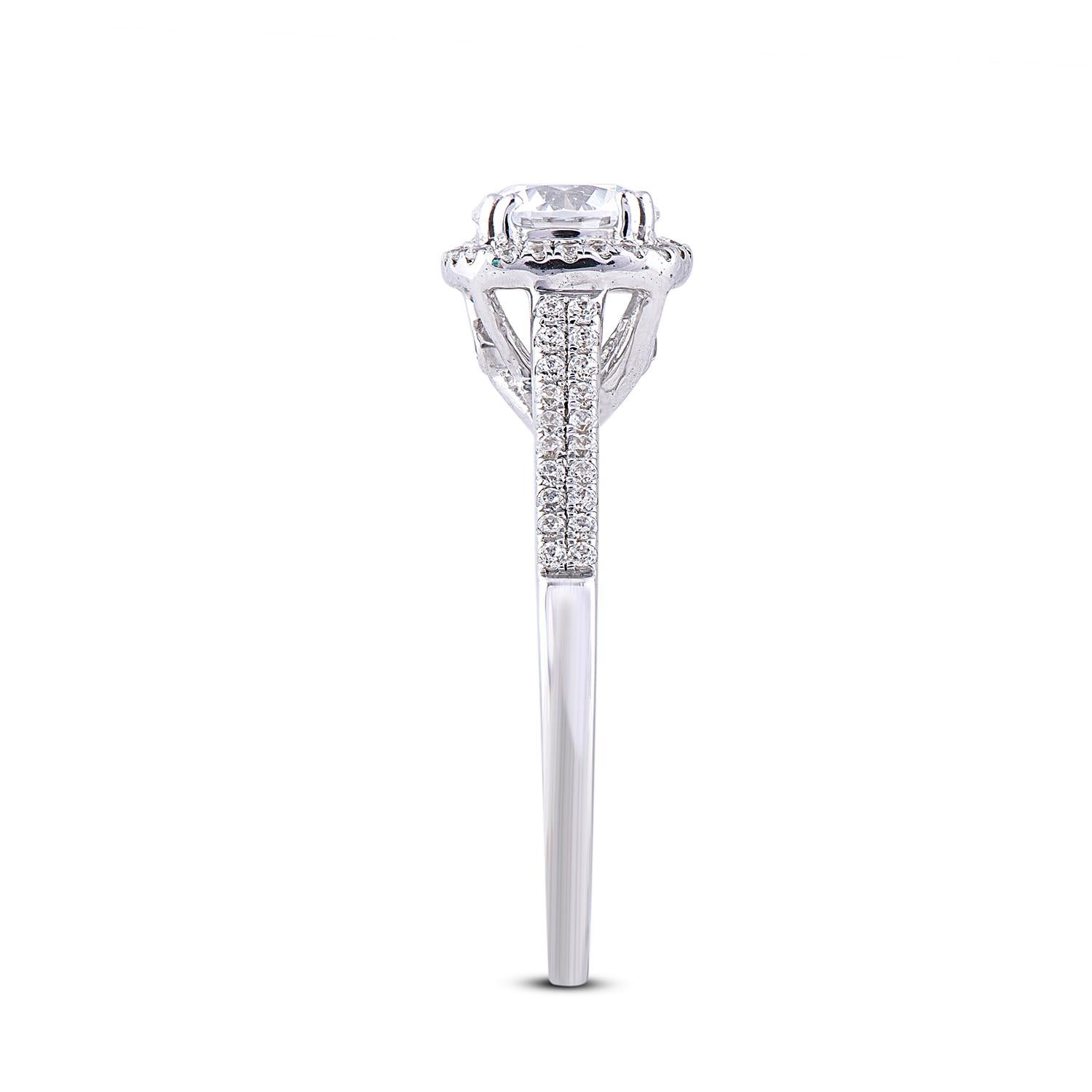 Taglio rotondo TJD Anello di fidanzamento a forma di cuscino con diamante rotondo da 1,35 carati in oro bianco 18 carati in vendita