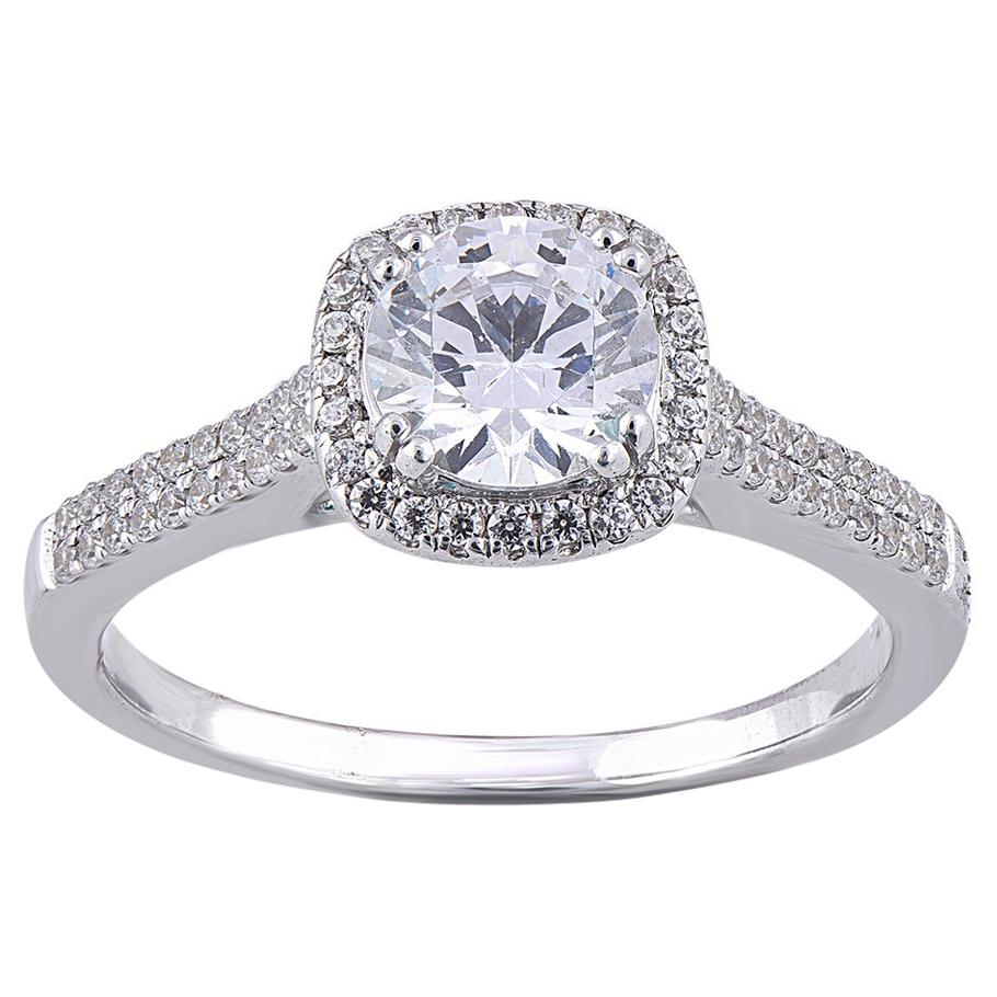 TJD 1.35 Carat Round Diamond 18 Karat White Gold Cushion Shape Engagement Ring For Sale