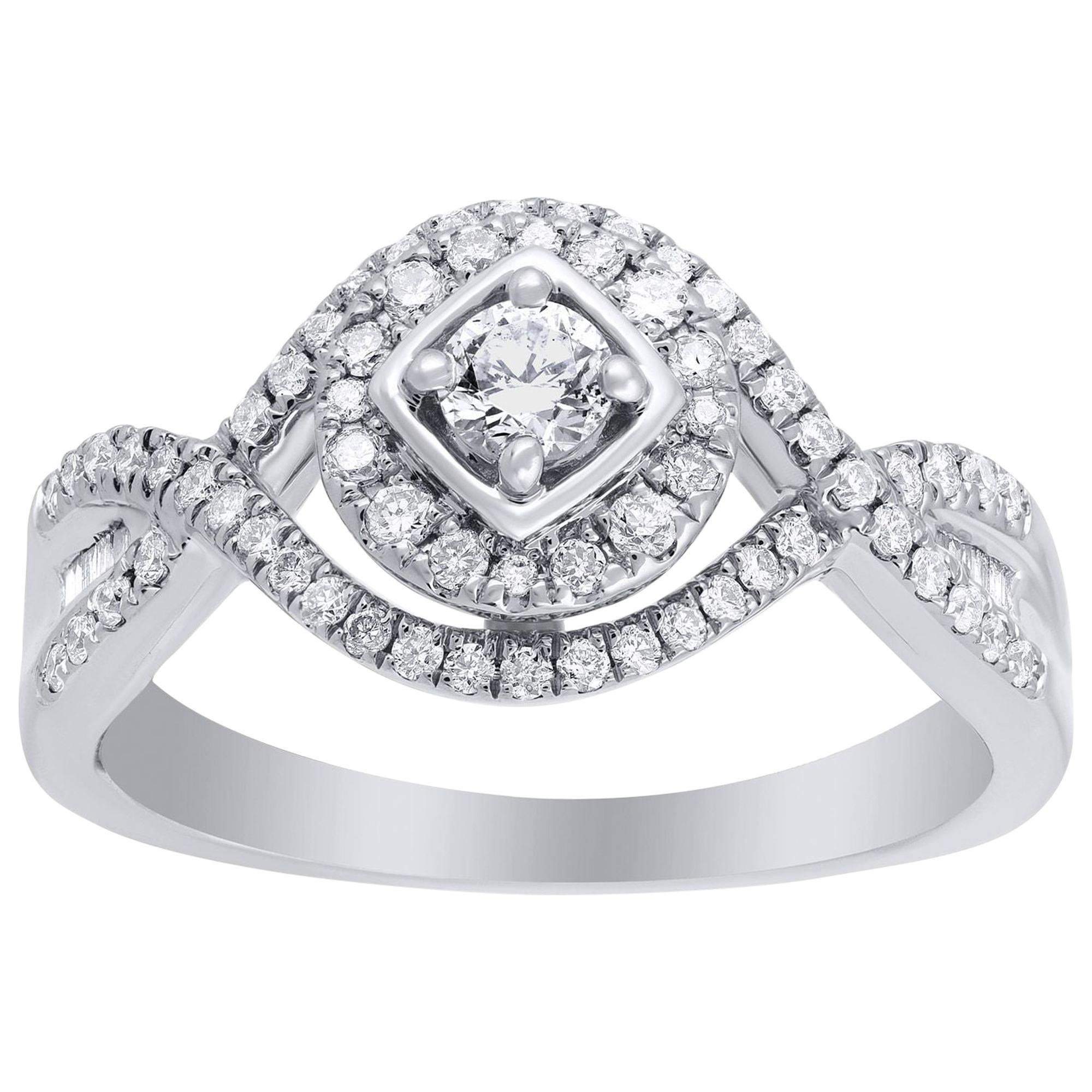 TJD 1/2 Carat Natural Diamond 14 Karat White Gold Cluster Twist Engagement Ring