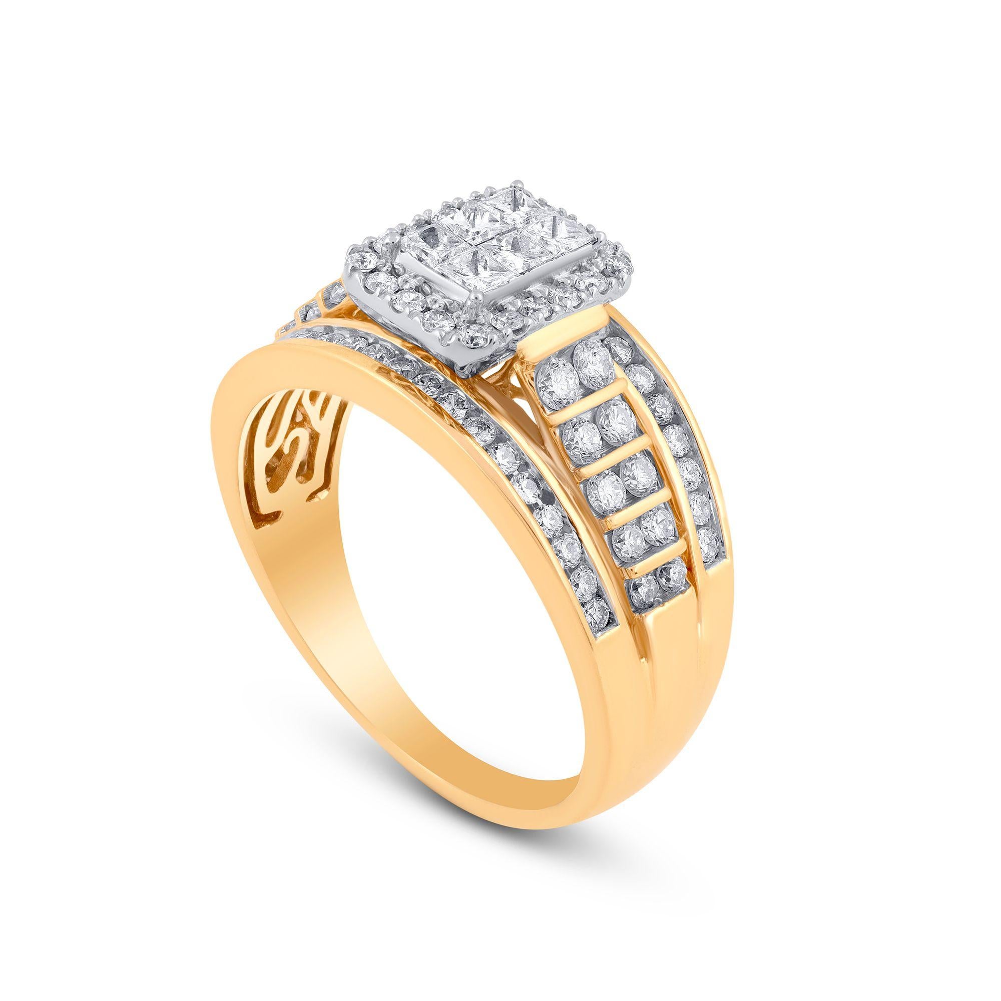 Exquisitely designed diamond engagement ring studded with 80 diamonds in channel, micro-pave and nick setting, crafted in 14 karat yellow gold. Diamonds are graded G-H Color, I1-I2 Clarity. 
