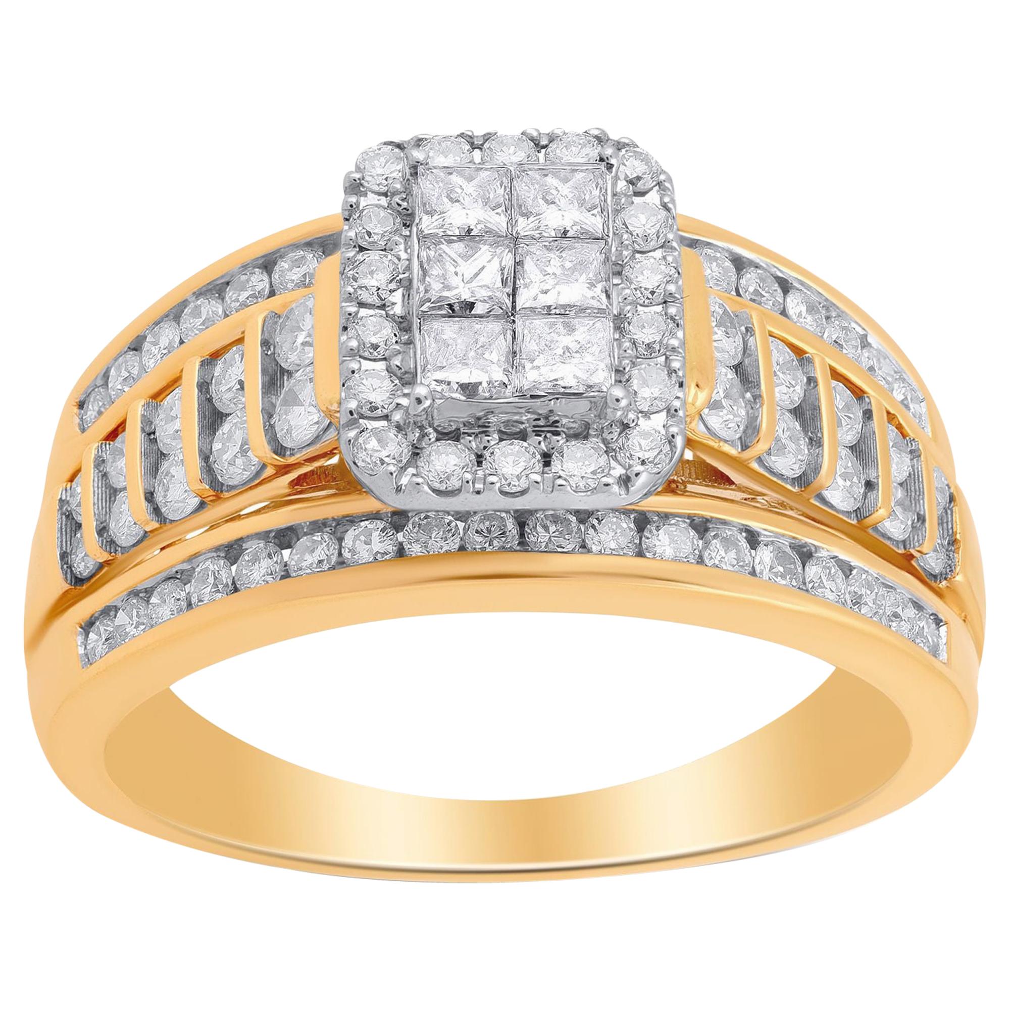 TJD Bague de fiançailles en or jaune 14 carats avec diamants ronds et princesse de 1,00 carat