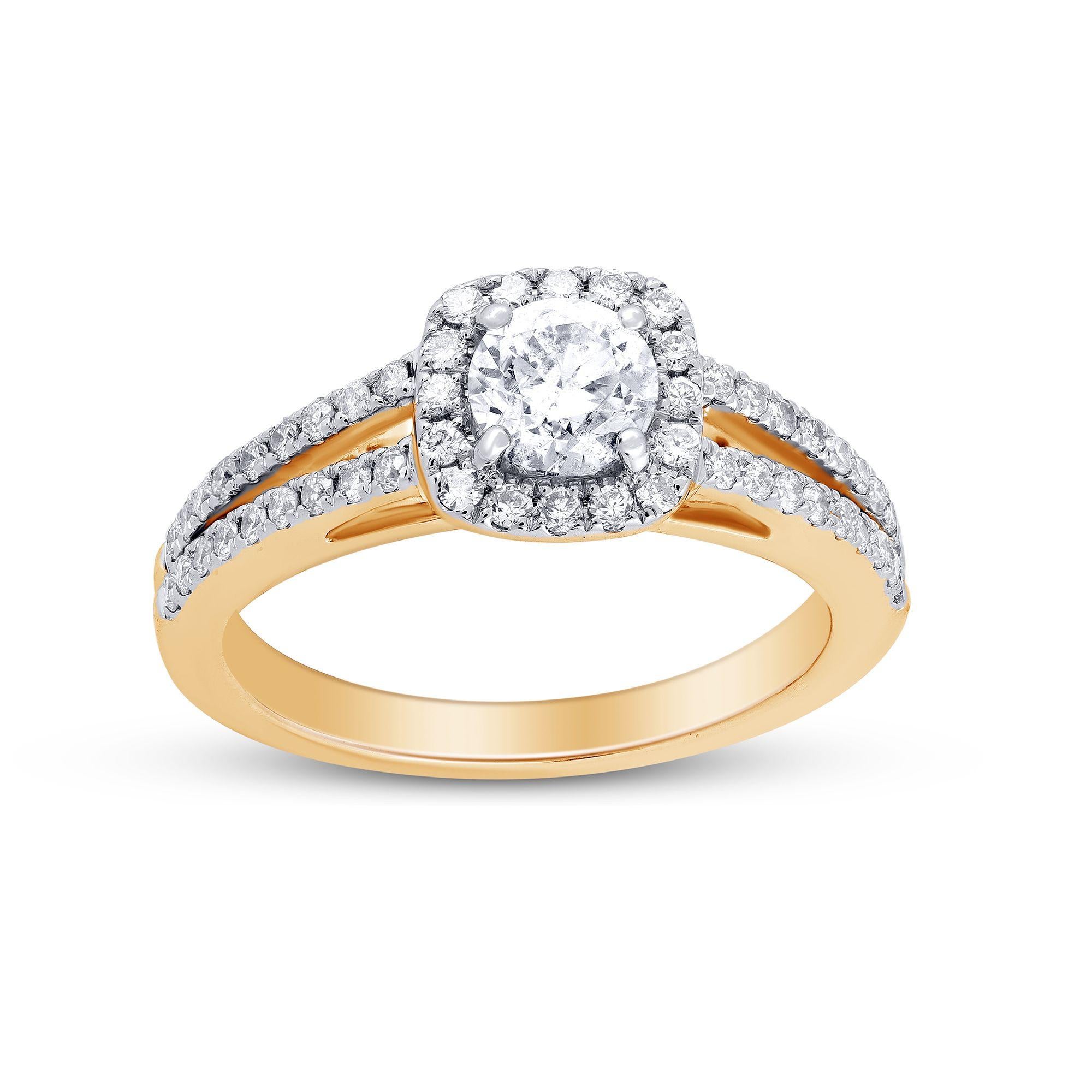 Gorgeous ring that will shine for a lifetime. The ring dazzles with 71 diamonds in prong and micropave setting. Crafted in 14 Karat gold, diamonds are graded I-J Color, SI2-I1 Clarity. 
