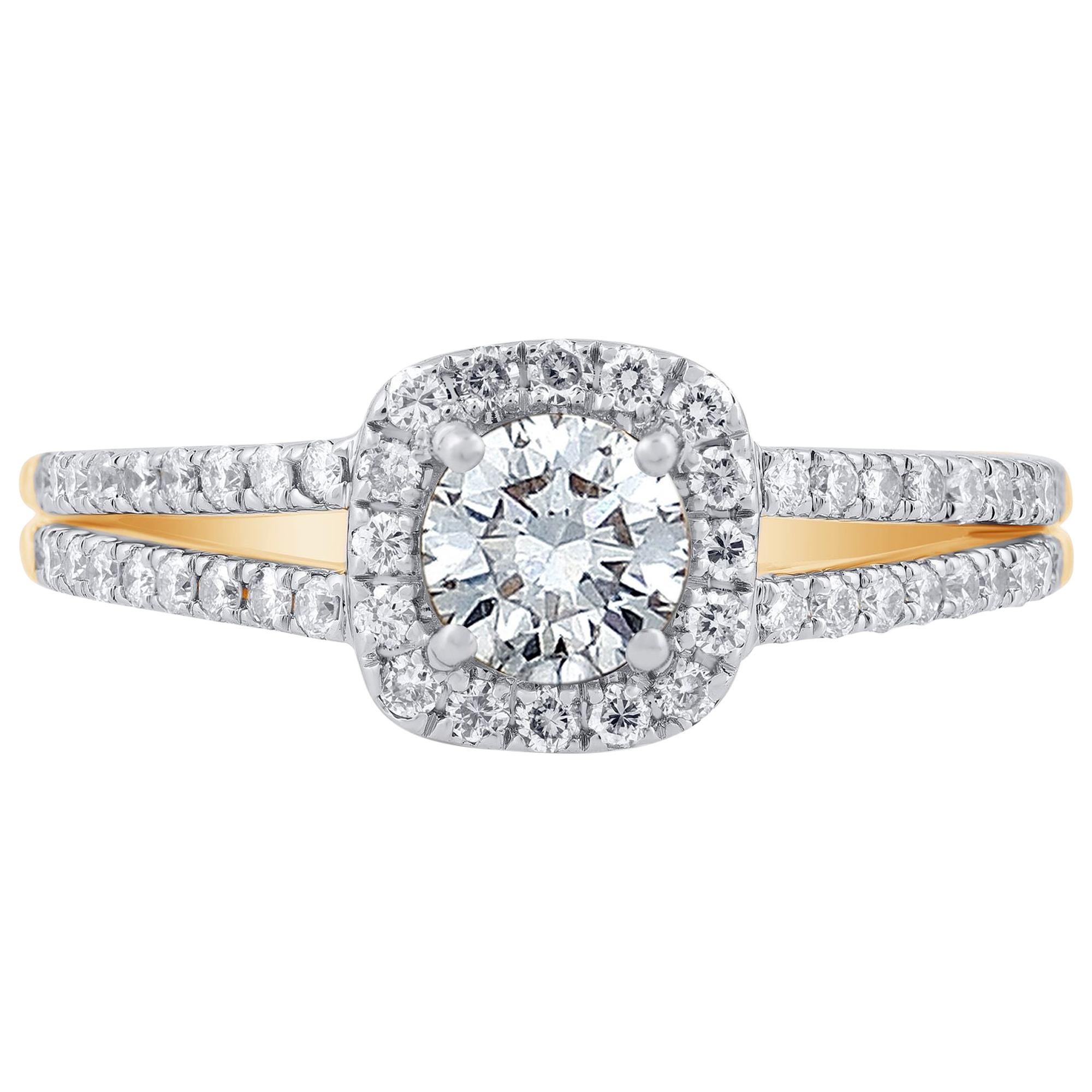 TJD 1.00 Carat Diamond 14 Karat Yellow Gold Split Shank Engagement Halo Ring For Sale