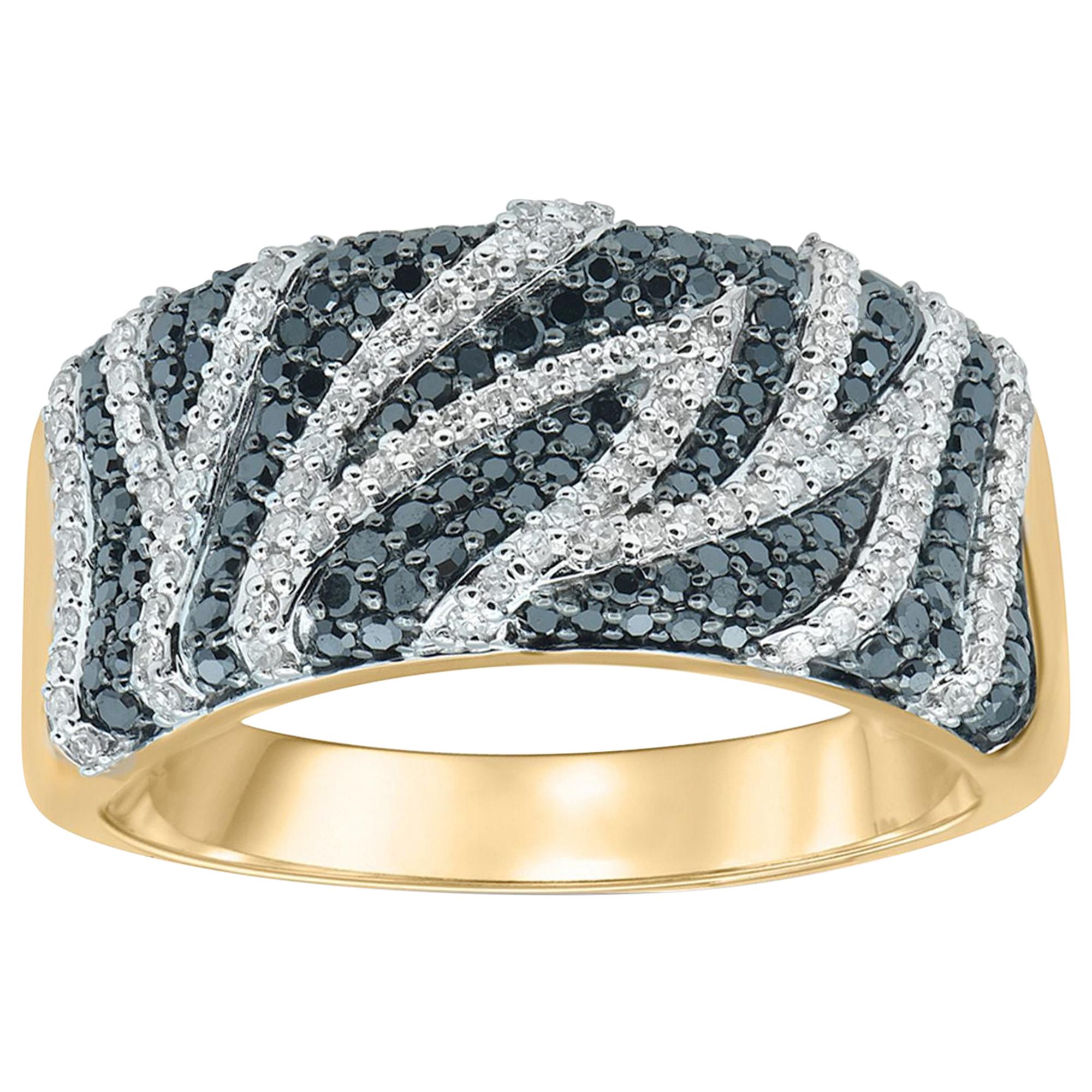 TJD 3/4 Carat Treated Black & White Diamond 14 K Yellow Gold Zebra Stripe Ring For Sale