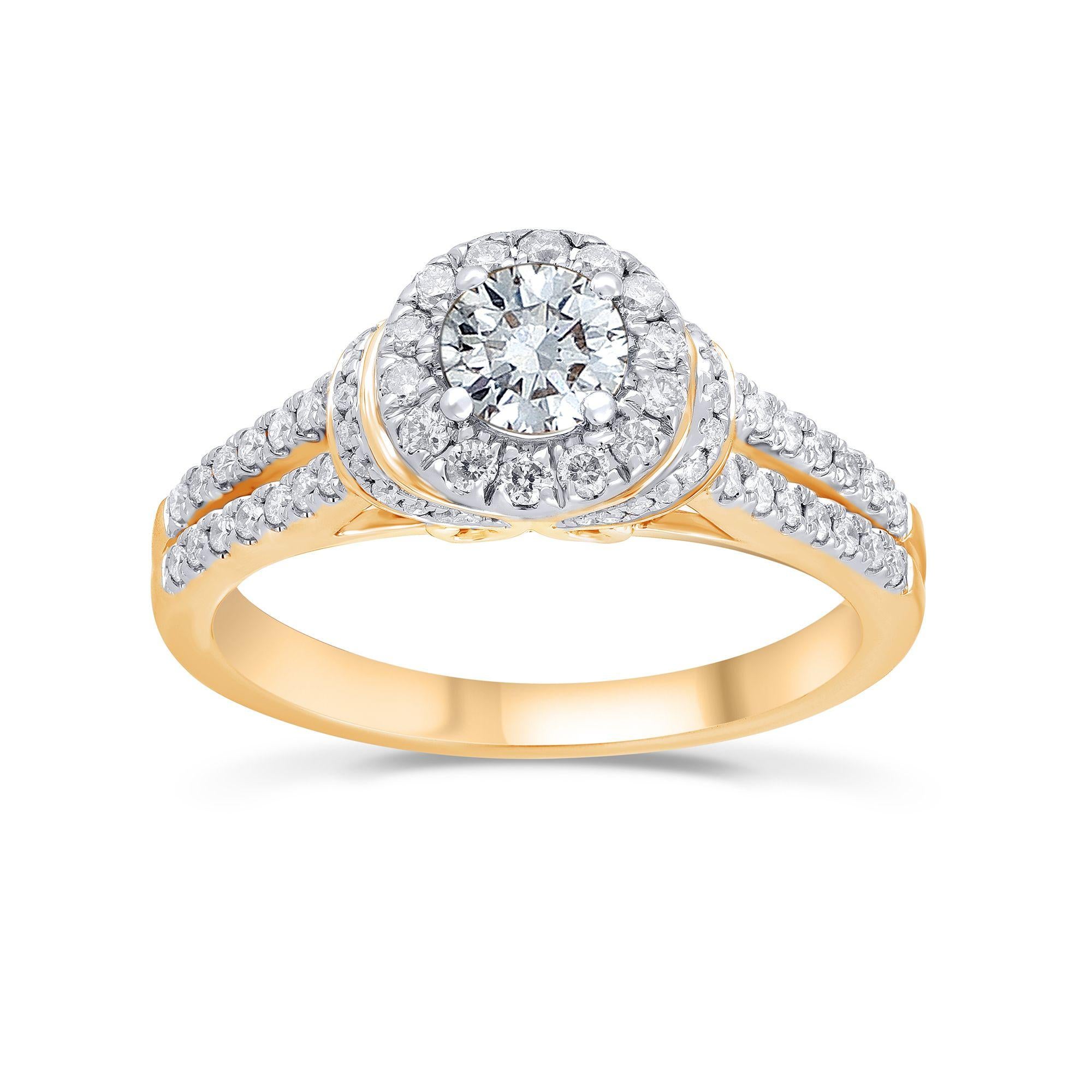 Delightful Rose Gold Diamond Bridal Ring studded with 65 diamonds in prong and pave setting, crafted in 14KT gold. Diamonds are graded H-I Color, I1-I2 Clarity. Ring size is US size 7.25 and complimentary resizing is available. 
