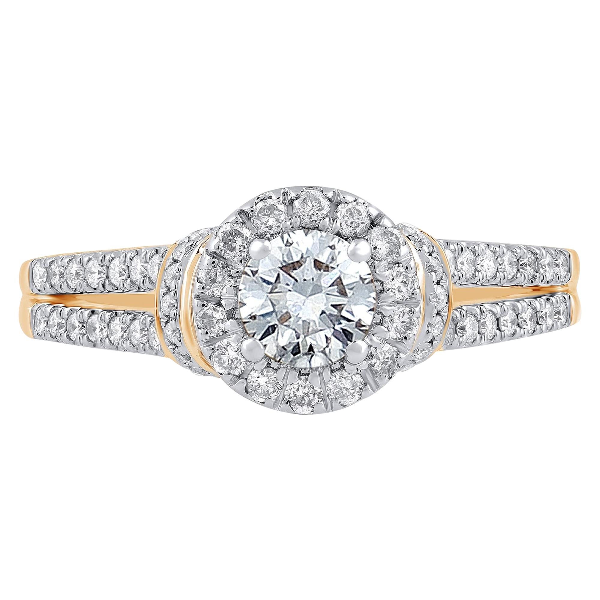 TJD 3/4 Carat Diamond 14 Karat Yellow Gold Vintage Halo Engagement Ring For Sale