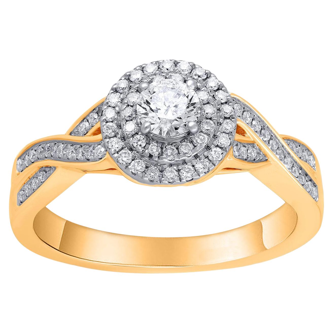 Bague de fiançailles halo croisé en or jaune 14 carats avec diamants de 0,50 carat TJD en vente