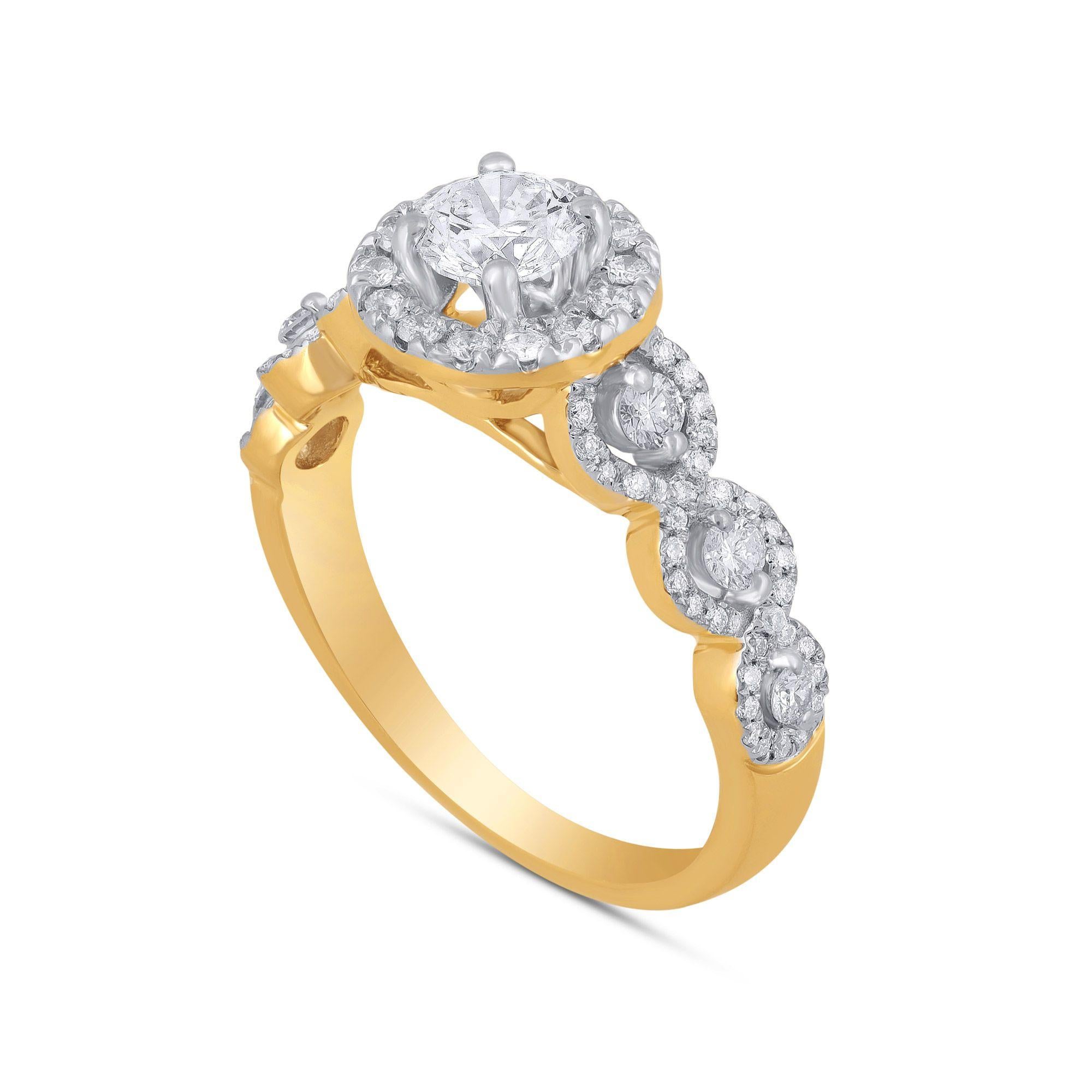 A gorgeous 14-karat Yellow Gold and Diamond Bridal Ring the ring is studded with 85 diamonds in prong and pave setting. Diamonds are graded G-H Color, I1-I2 Clarity. 
