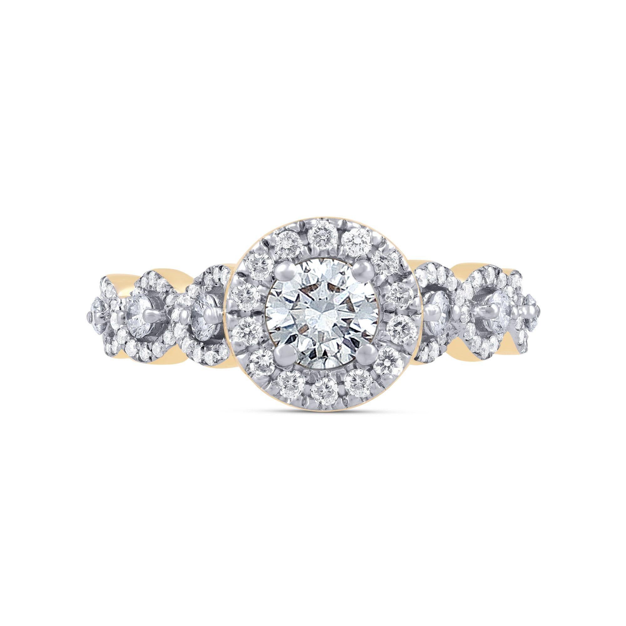 Contemporary TJD 1.00 Carat Diamond 14 Karat Yellow Gold Bridal/Engagement Halo Twist Ring For Sale