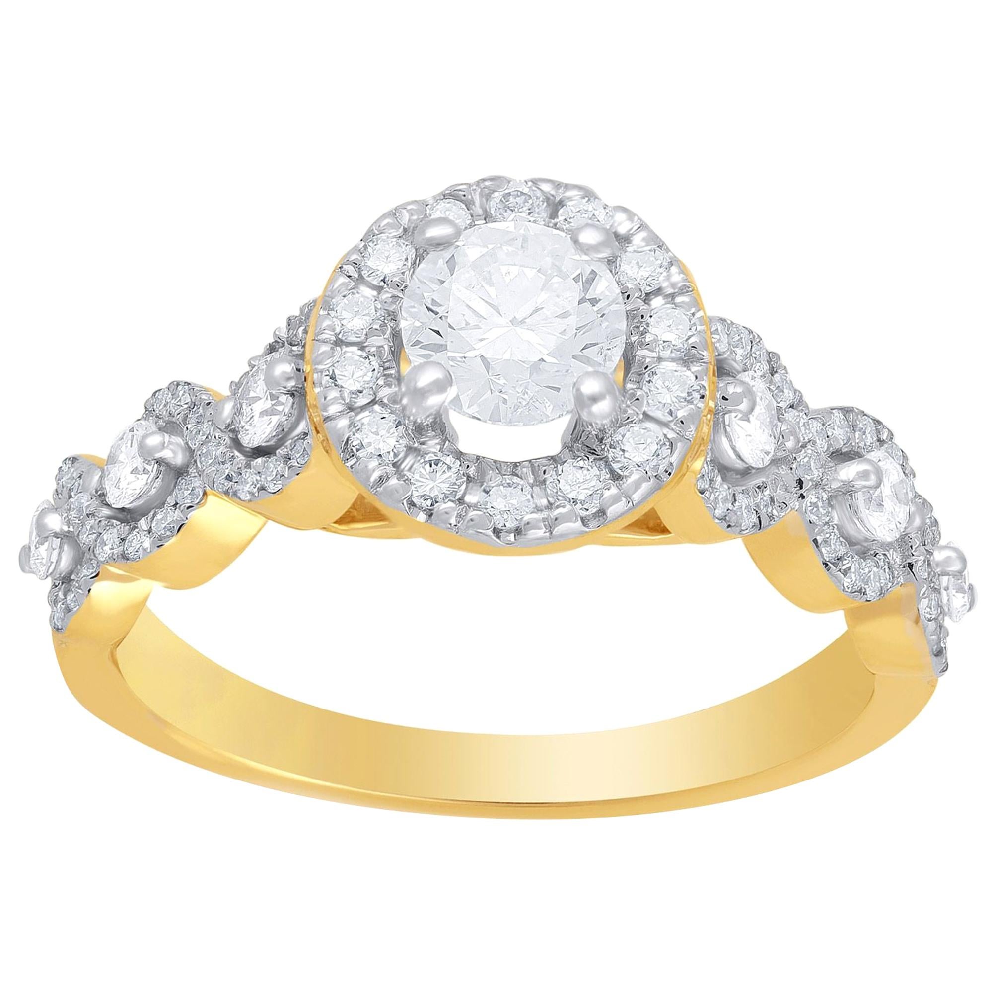 TJD 1.00 Carat Diamond 14 Karat Yellow Gold Bridal/Engagement Halo Twist Ring