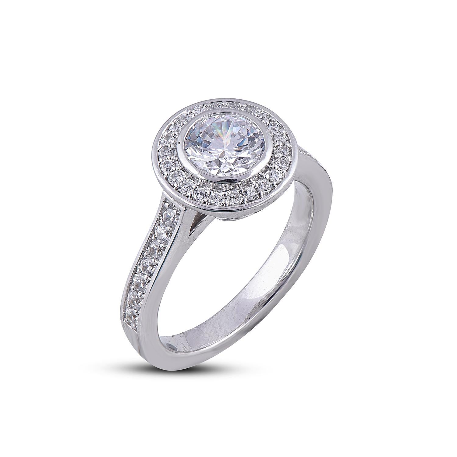 Like the stone at the center of this ring, your love is infinite this ring is expertly crafted in 18 Karat White Gold and features 1.00 ct centre stone and 0.40 ct of diamond frame and shank with prong and bezel setting. The diamonds are natural,