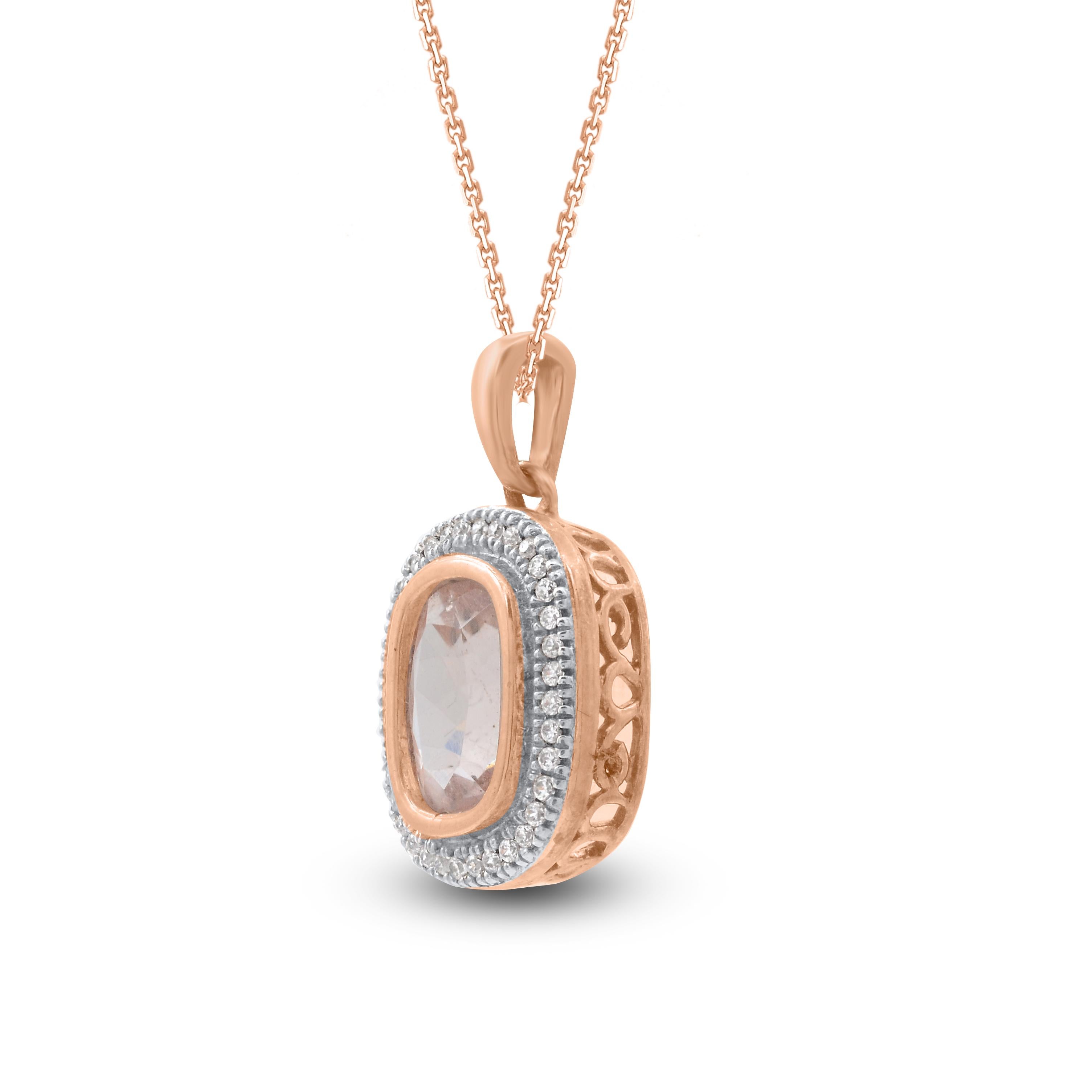 Contemporary TJD 1.45 Carat Morganite & Diamond Rose Gold Cushion Frame Halo Pendant Necklace For Sale