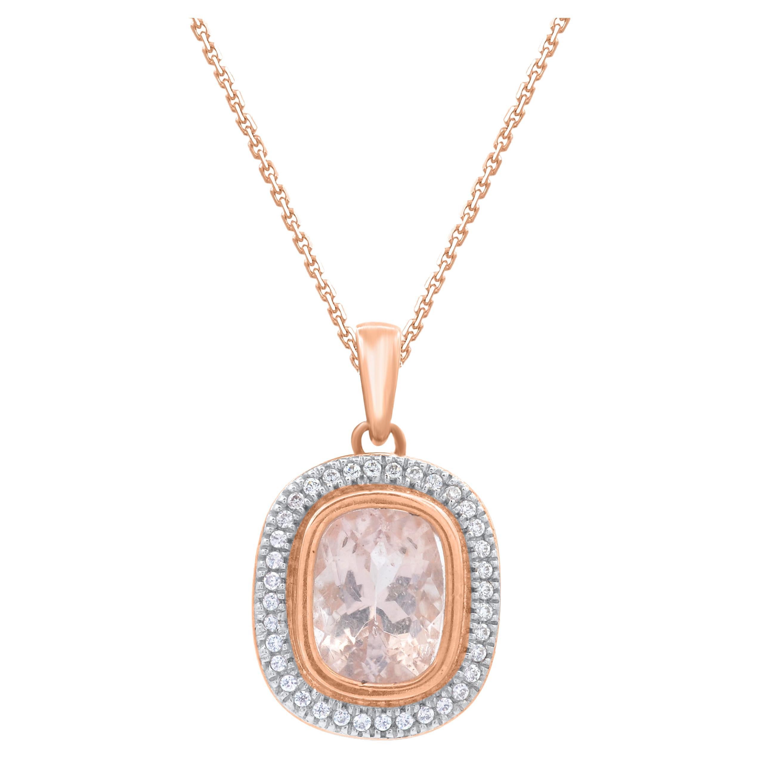 TJD 1,45 Karat Morganit & Diamant Rose Gold Cushion Frame Halo Anhänger Halskette