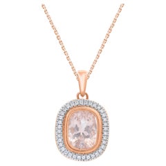 TJD 1.45 Carat Morganite & Diamond Rose Gold Cushion Frame Halo Pendant Necklace