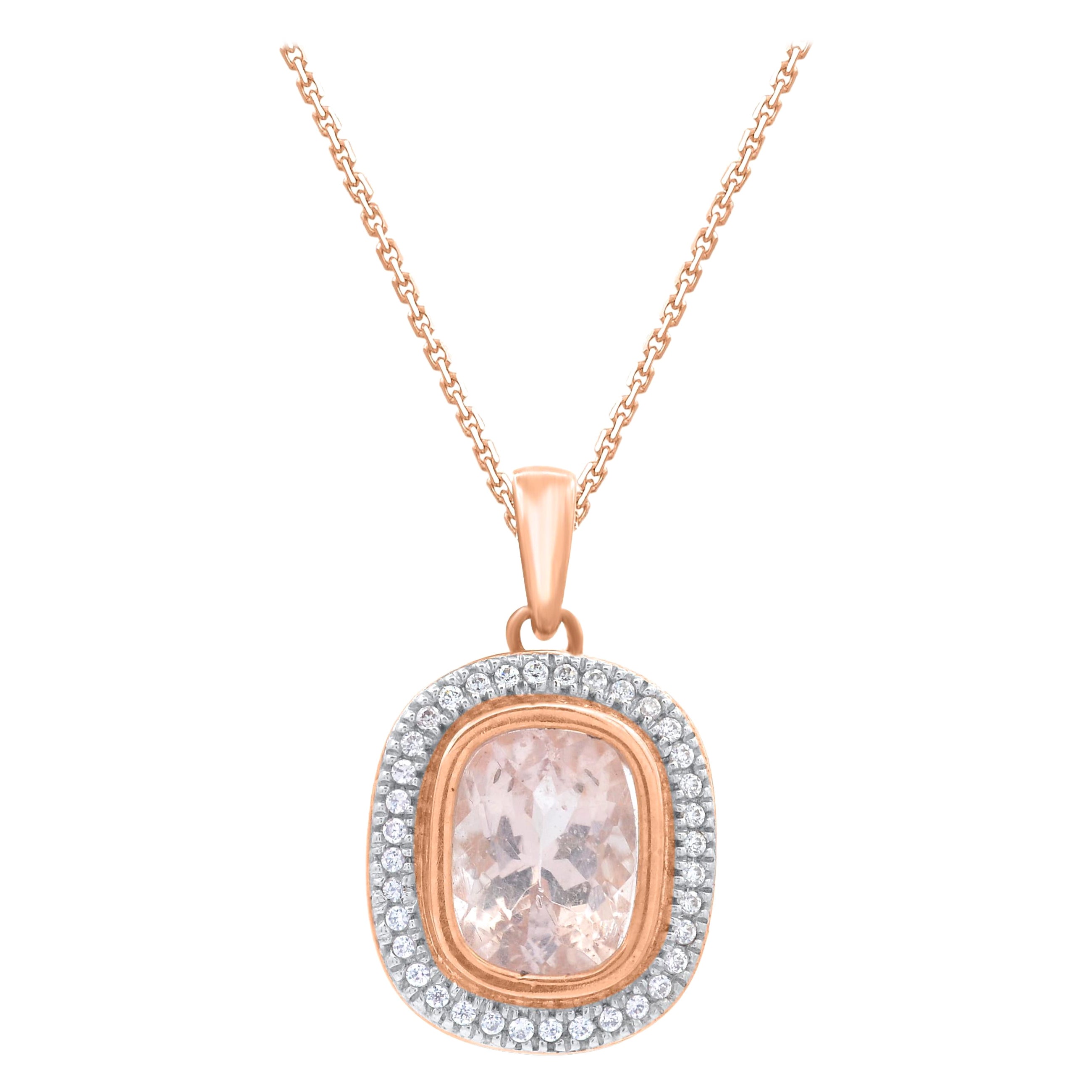 TJD 1.45 Carat Morganite
Diamond Rose Gold Cushion Frame Halo Pendant Necklace