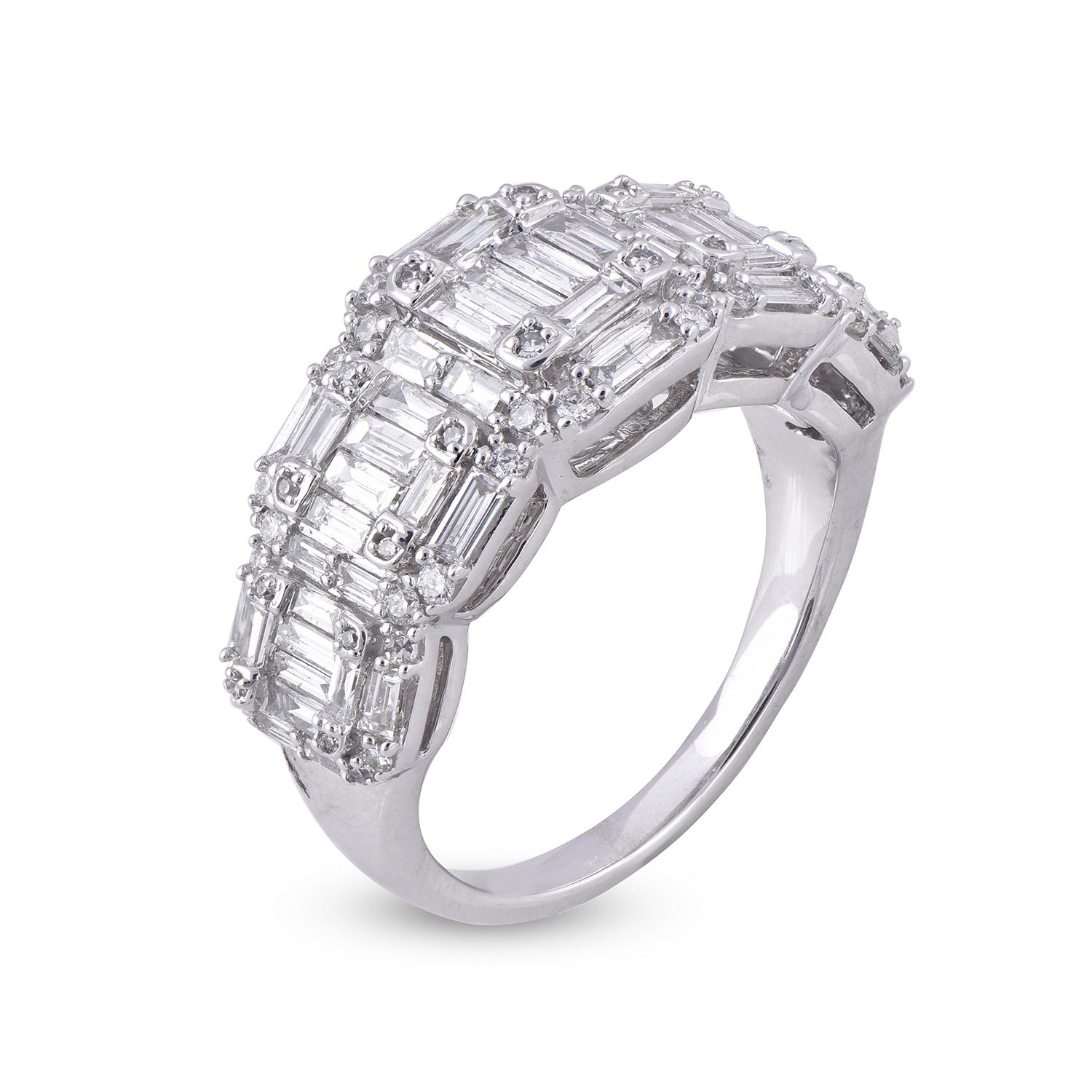 Sparkling with Round and Baguette diamonds, this ring is crafted in 14 karat White gold with 52 round and 52 Baguette cut diamonds embedded beautifully in prong and pave setting, diamonds are graded H-I Color, I2 Clarity.

