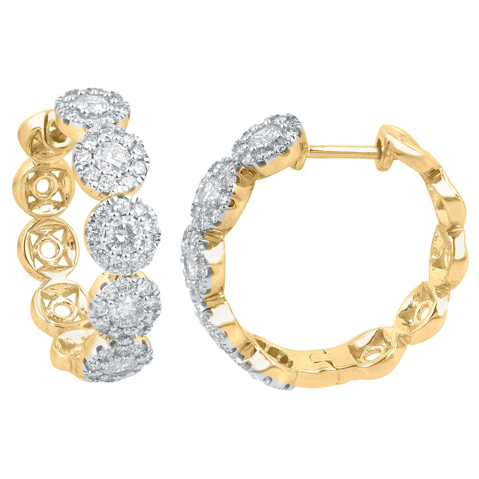 TJD 1.50 Carat 5 Stone Diamond 18K Yellow Gold Halo Cluster Hoop Huggie Earrings