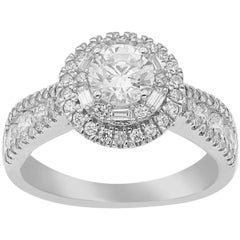 TJD 1.50 Carat Round/Baguette Diamond 18K White Gold Double Halo Engagement Ring