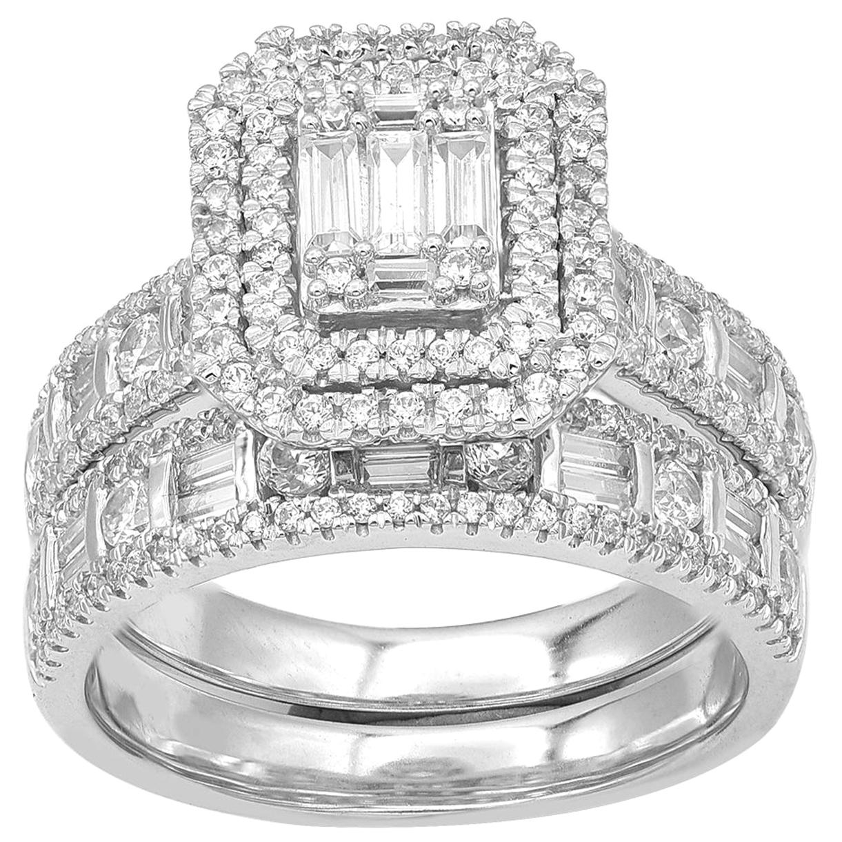 TJD 1.50 Carat Round and Baguette Diamond 14 Karat White Gold Bridal Set Ring For Sale