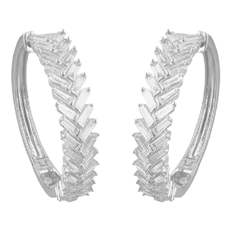 TJD 1.50 Carat Baguette Diamond 14K White Gold Channel Set Huggie Hoop Earrings For Sale
