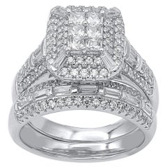 Parure de mariée en or blanc 14 carats avec diamants ronds, baguettes et taille princesse de 1 1/2 carats TJD