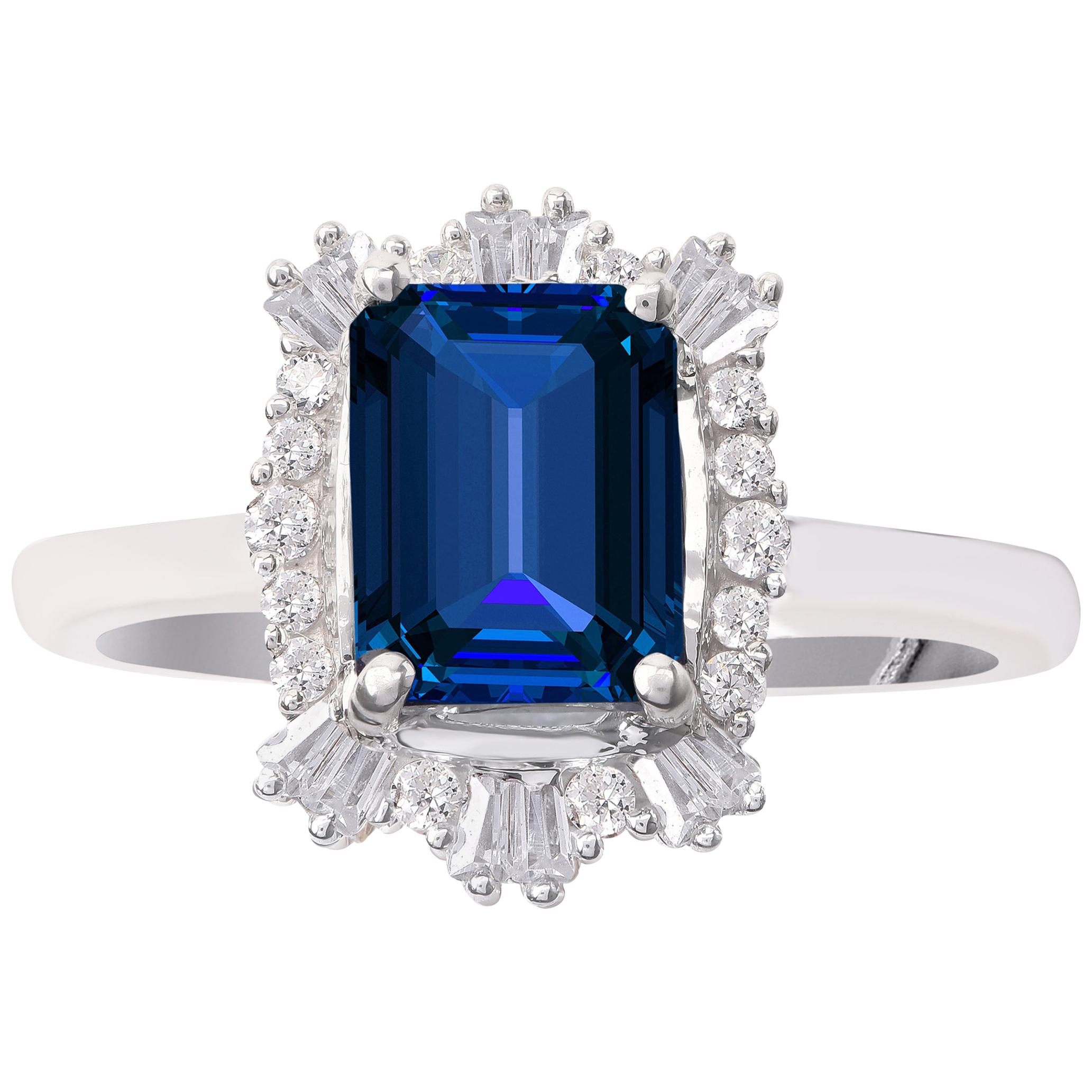 TJD 0.25 Carat Diamond & 8 X 6MM Nat. Blue Sapphire 18K White Gold Ring For Sale