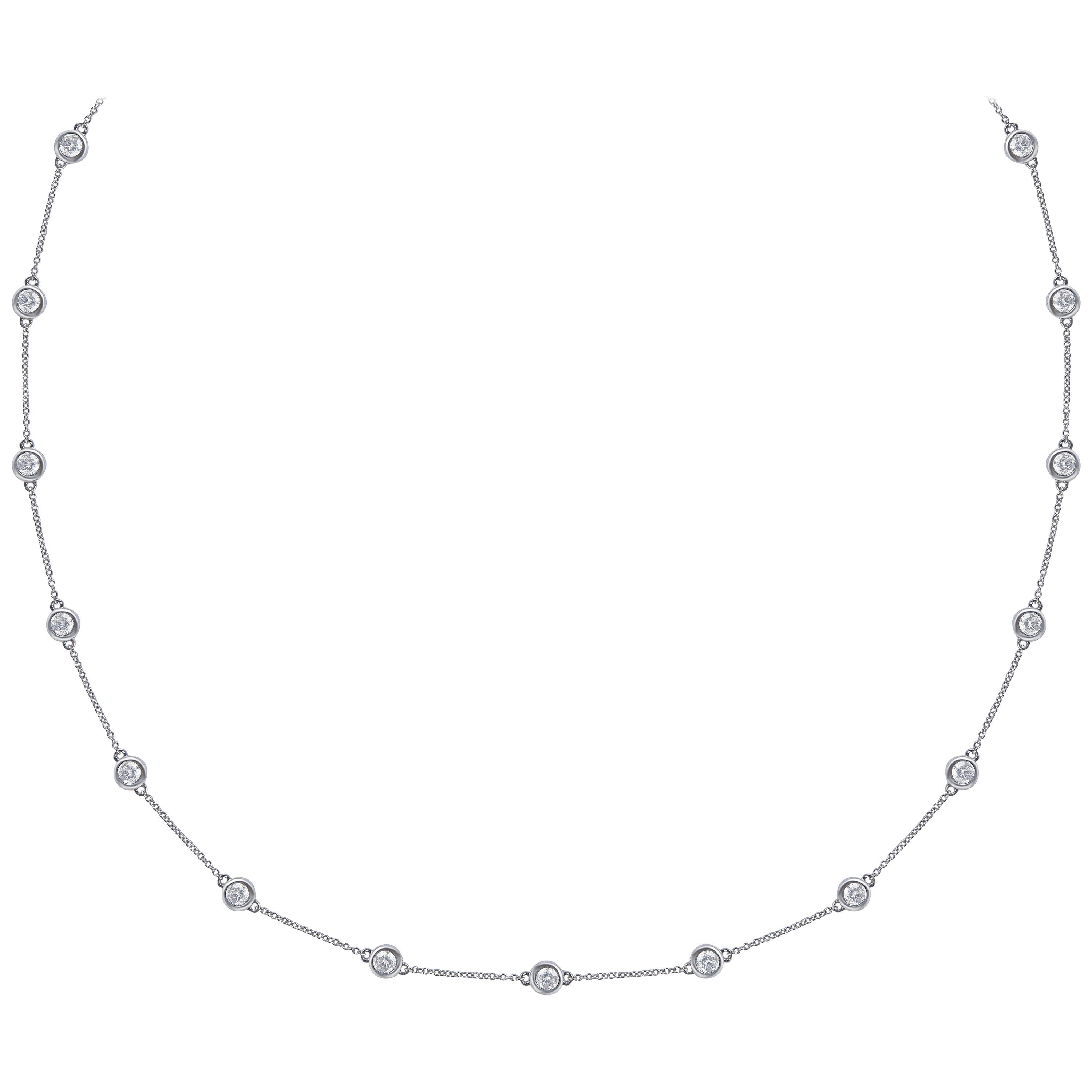 TJD 1.50 Carat Round Diamond 14 Karat White Gold Bezel Set Station Necklace For Sale