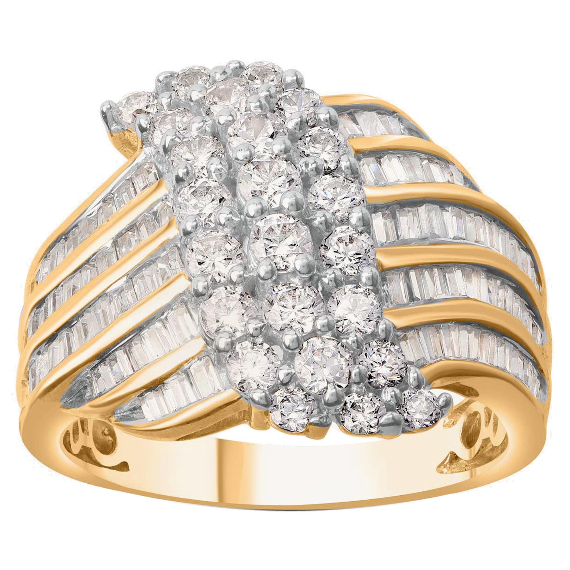 TJD 1.50 Carat Round and Baguette Diamond 18 K Yellow Gold Multi Row Wave Ring