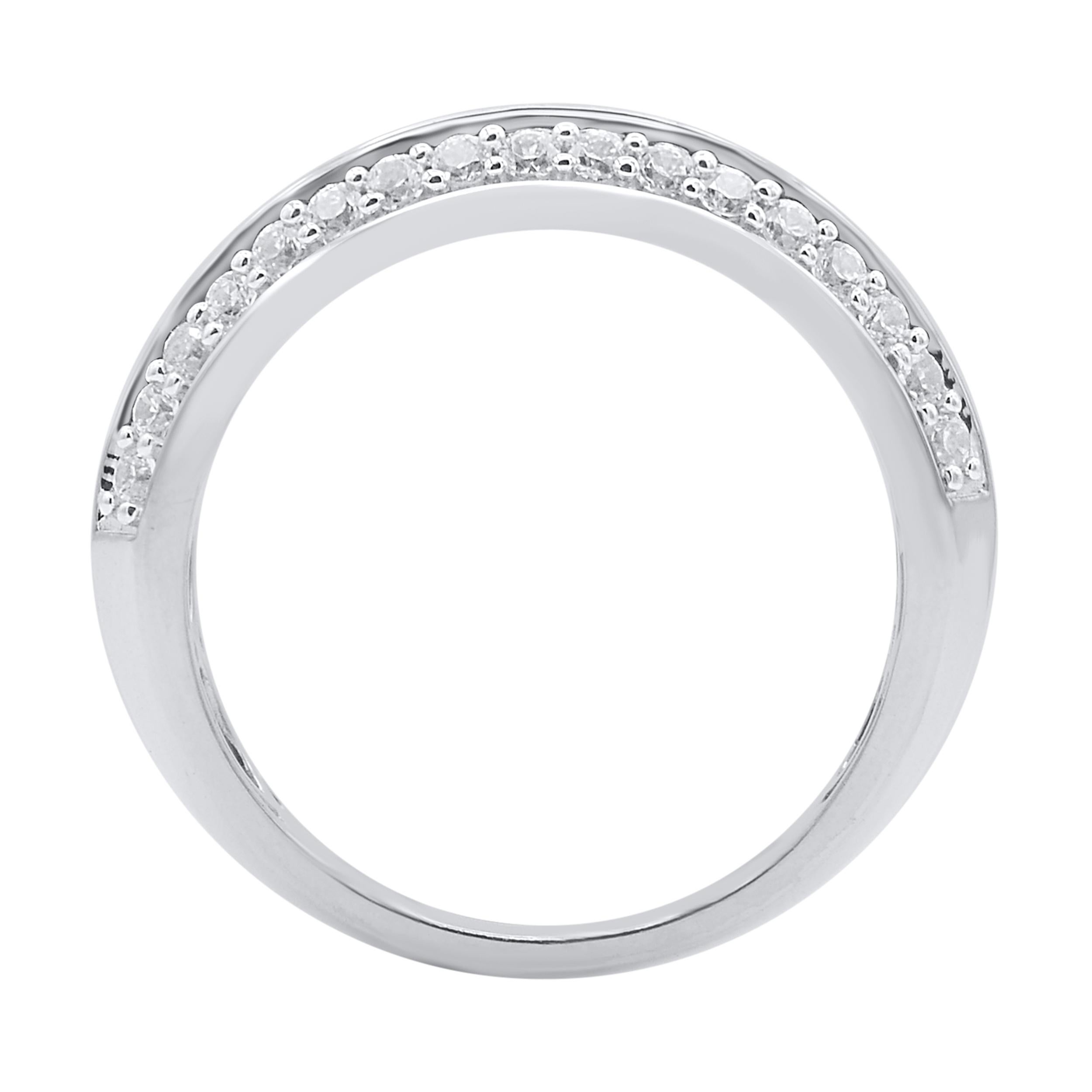 This beautiful engagement band ring features shimmering brilliant cut round diamonds in nic & pave setting. Crafted in 14 karat white gold. The ring is studded with a total of 43 brilliant cut natural round diamonds and the total diamond weight is