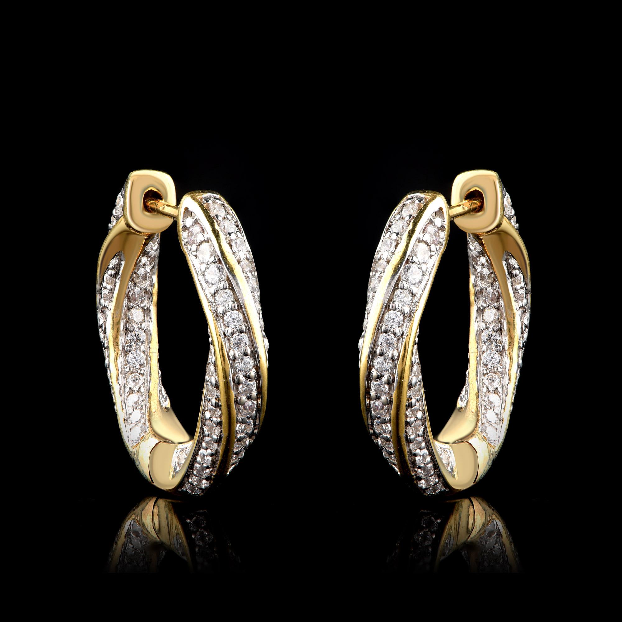 The stunning diamond hoop earrings are studded with 208 brilliant-cut diamonds in pave setting. They are designed in 18-karat yellow gold. The diamonds are graded H-I Color, I2 Clarity.