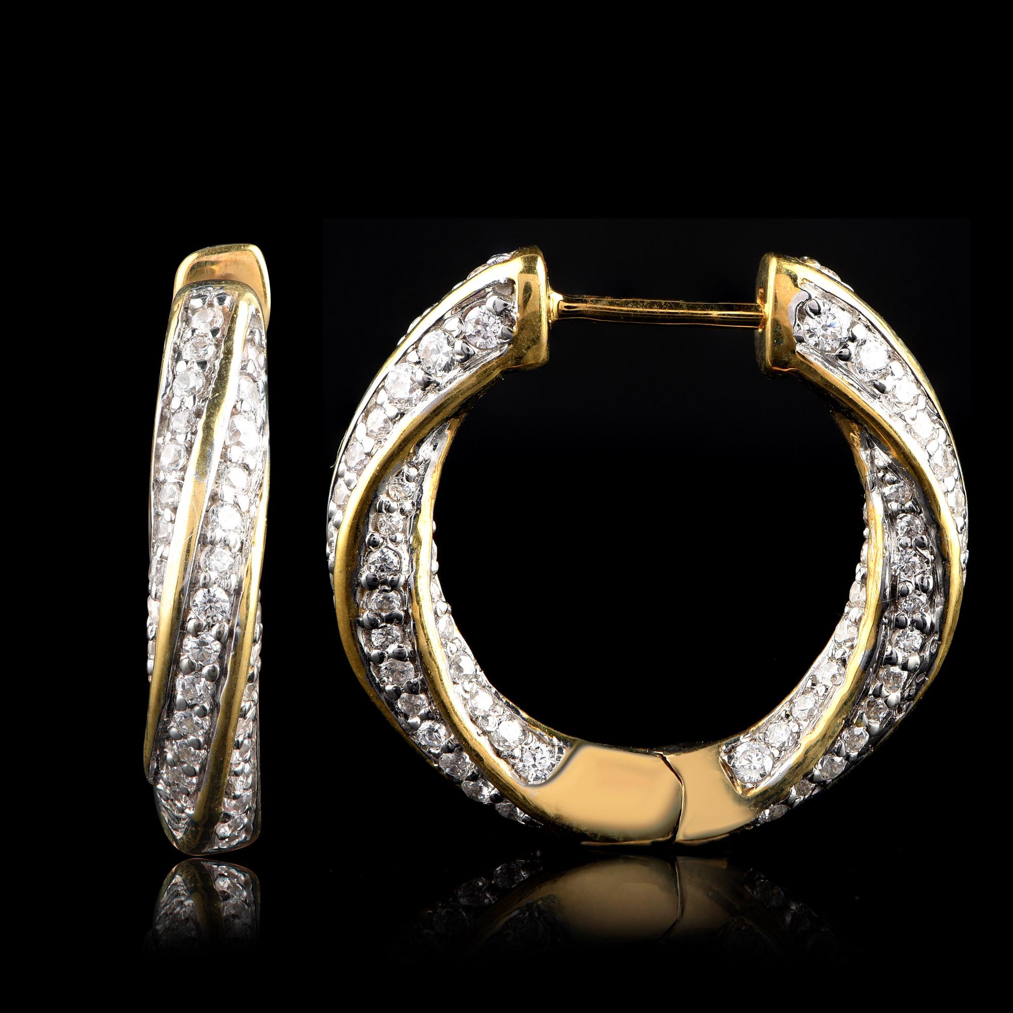 Contemporary TJD 1.50 Carat Diamond 18 Karat Yellow Gold Stunning Twist Hoop Earrings For Sale
