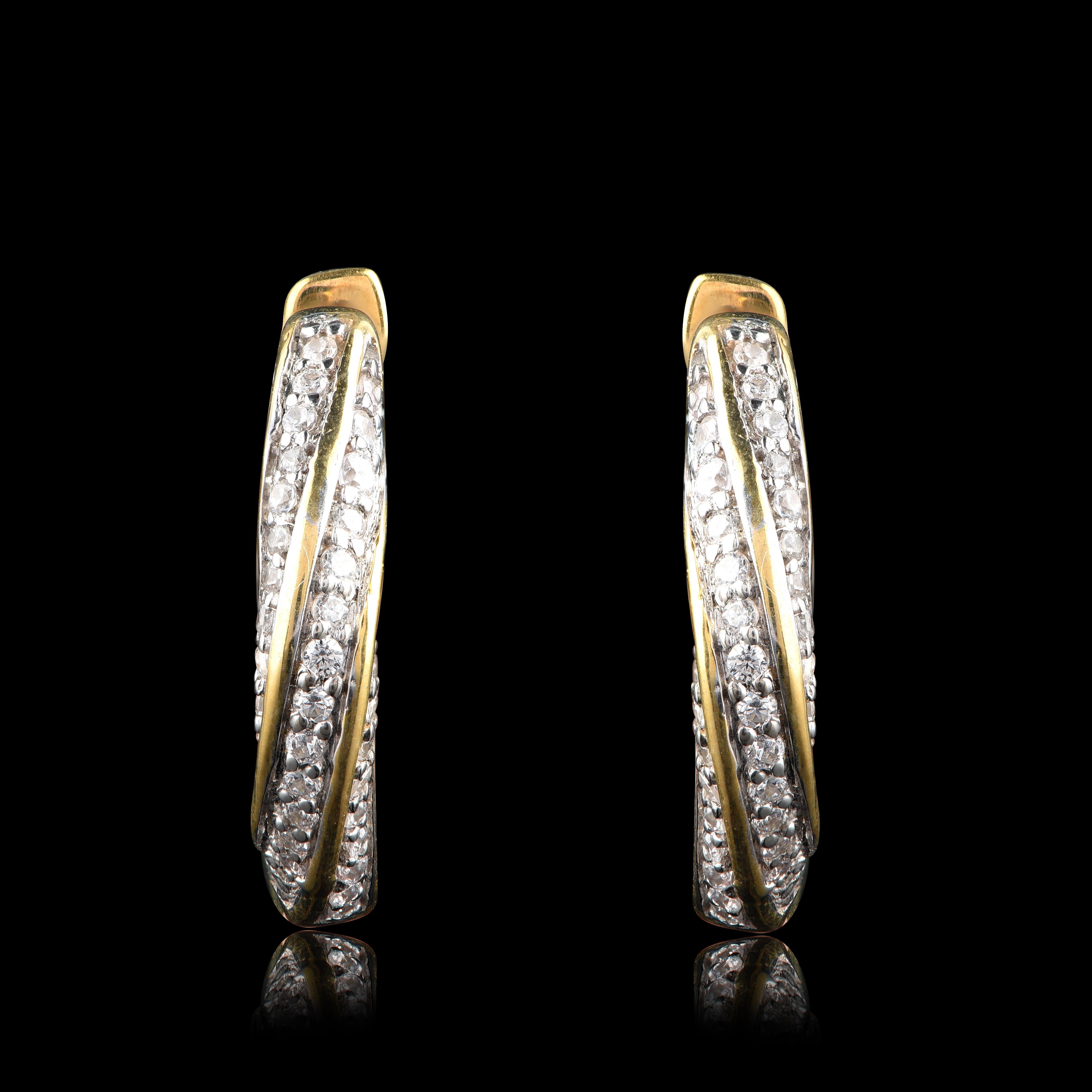 Round Cut TJD 1.50 Carat Diamond 18 Karat Yellow Gold Stunning Twist Hoop Earrings For Sale