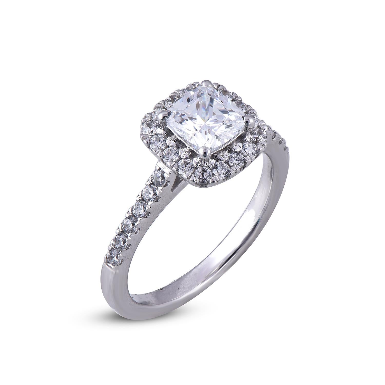 This ring is studded with 1.00ct of  Cushion and 0.50ct of 28 round diamonds elegantly set in prong setting and made by our experts in 18 karat white gold, diamonds are graded G-H Color, SI1-2 Clarity. This is a perfect gift ​for love of your life
