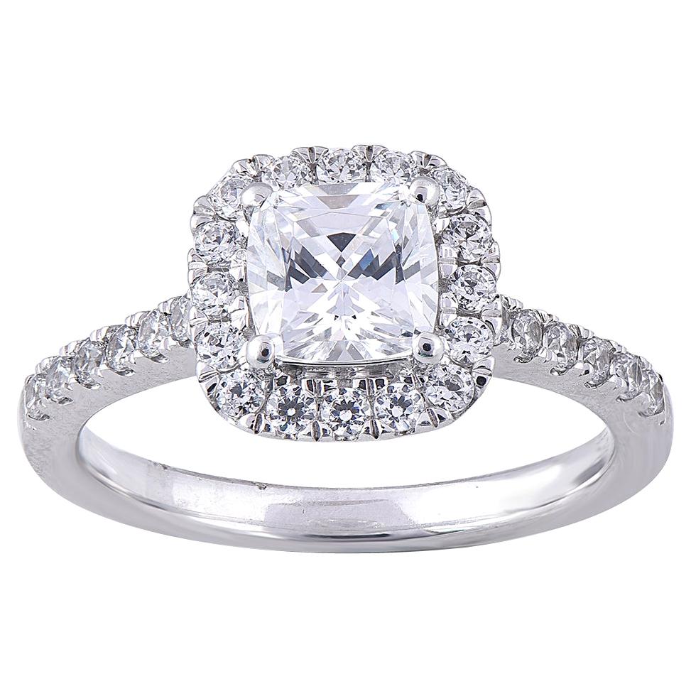 TJD 1.50 Carat Cushion & Round Diamond 18 Karat White Gold Designer Bridal Ring For Sale