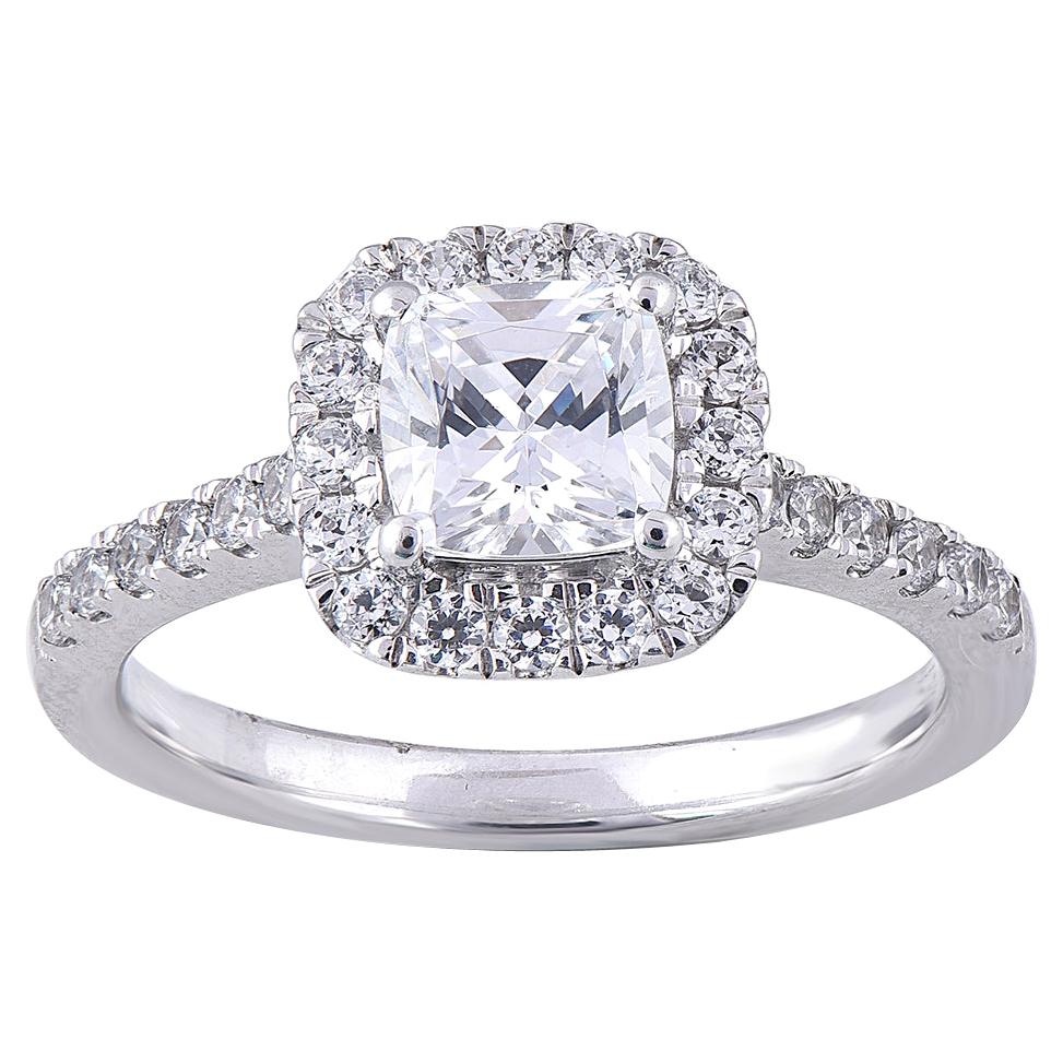 TJD 1.50 Carat Cushion & Round Diamond 18 Karat White Gold Designer Bridal Ring