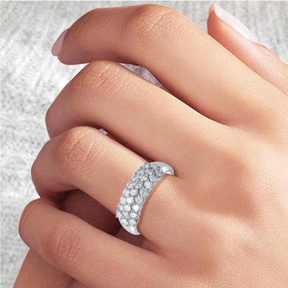 Round Cut TJD 1.50 Carat Diamond 10 Karat White Gold 3-Row Anniversary/Wedding Band For Sale
